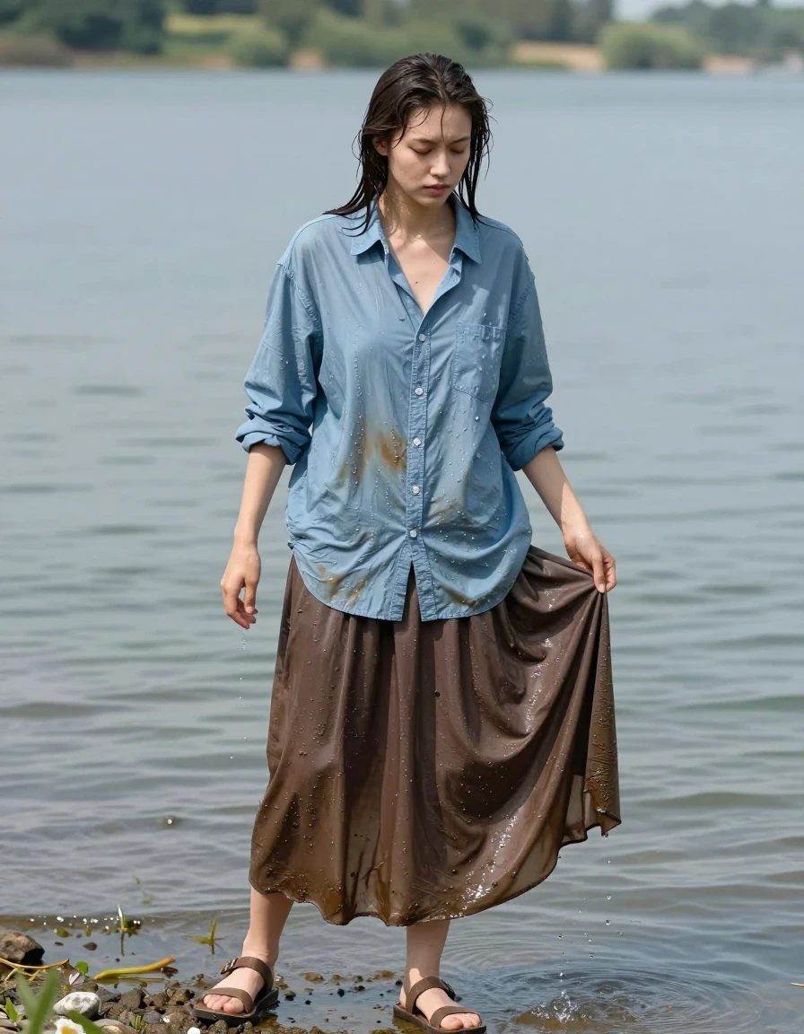 photo of young woman, in soaking wet, drenched clothes,
sandals, oversized brown maxi skirt, oversized light blue buttoned down long sleeved shirt, lake, 
enjoying, wet clothes stuck to body,
detailed textures of the wet clothes, wet face, wet plastered hair,
wet, drenched, professional, high-quality details, full body view.
sharp focus, ultra-high pixel detail, realistic, high-quality, full colors, incredibly detailed, 4k, 8k, 16k, hyper-realistic, RAW photo, masterpiece, ultra-detailed, professionally color graded, professional photograph, washing off mud from her clothes, wet skin, wet clothes, damp fabric