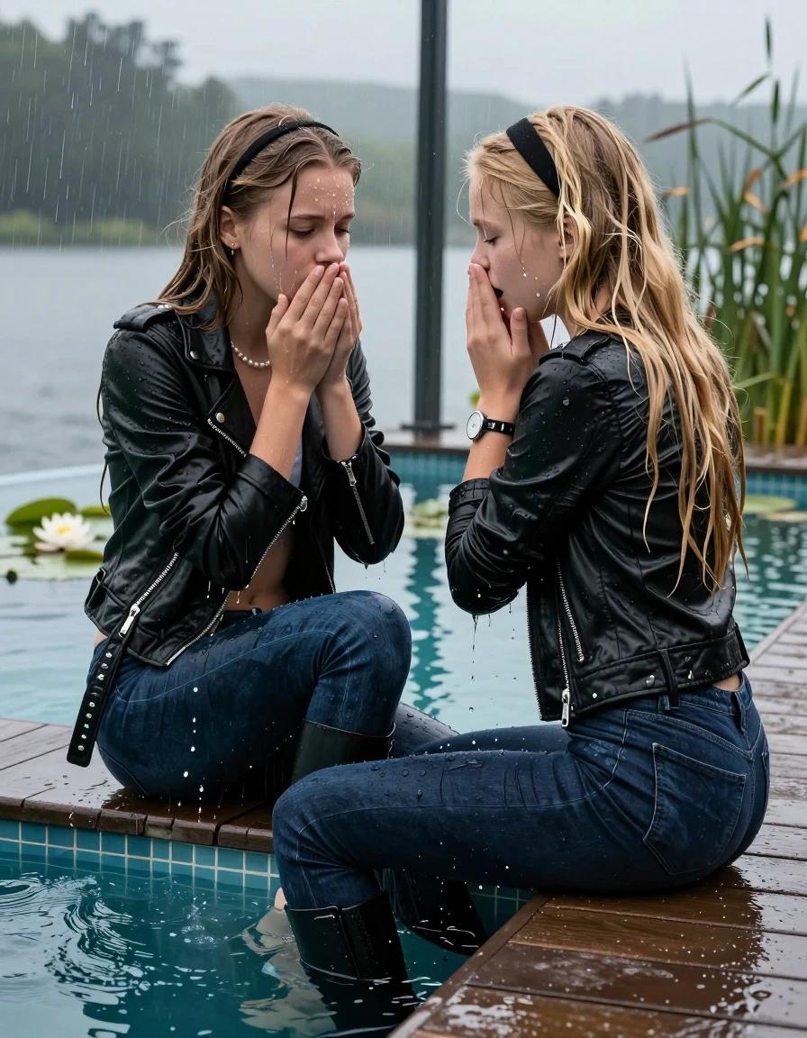 photo of young woman, in soaking wet, drenched clothes,
Black high boots, Dark blue levis skinny jeans, Black biker leatherjacket, Open jacket, tight v-neck sweater, shoulderbag, pearl necklace, bracelet, wristwatch, Orgasm in jetty by the lake with water lilies and reeds, 
enjoying, wet clothes stuck to body,
detailed textures of the wet clothes, wet face, wet plastered hair,
wet, drenched, professional, high-quality details, full body view.
sharp focus, ultra-high pixel detail, realistic, high-quality, full colors, incredibly detailed, 4k, 8k, 16k, hyper-realistic, RAW photo, masterpiece, ultra-detailed, professionally color graded, professional photograph, A realistic vertical fashion photograph taken from a backward, behind-the-back angle of two 12-year-old teenage girls sitting  in a glass-walled outdoor swimming pool, facing down to the camera to show her back. She is tilting her head at camera, letting the water drench her hair so it is glued flat against her head and body. She has blonde long sleek hair with birkin bangs and hairband, completely saturated and dripping wet hair, with water cascading down her face and neck. Afraid and astonished Expression. Hold her hands on her chin. Closed mouth, closed eyes. The lighting is bright and cinematic, highlighting the glistening water droplets on her skin and the saturated texture of her  casual clothes. Outside the large glass wall of the pool building, heavy rain is visible falling against the window. Soft, moody indoor lighting with reflections on the water. High-quality fashion photography style.
her clothing is soaking wet and clinging tightly to her skin, showing heavy wet folds, darkened fabric texture, and deep water-saturated Patches, her clothes are heavy from the water, water runs from her body and her clothes in streams. A lot of water also runs out of her clothes. Her clothes are darkened by the water. 
hyper-realistic wetness, high-contrast water sheen, sharp focus, 16k resolution, professional photography, realistic water physics., wet skin, wet clothes, damp fabric, wet skin, wet clothes, damp fabric, wet skin, wet clothes, damp fabric, wet skin, wet clothes, damp fabric, wet skin, wet clothes, damp fabric, wet skin, wet clothes, damp fabric, wet skin, wet clothes, damp fabric, wet skin, wet clothes, damp fabric, wet skin, wet clothes, damp fabric, wet skin, wet clothes, damp fabric, wet skin, wet clothes, damp fabric, wet skin, wet clothes, damp fabric, wet skin, wet clothes, damp fabric, wet skin, wet clothes, damp fabric, wet skin, wet clothes, damp fabric, wet skin, wet clothes, damp fabric, wet skin, wet clothes, damp fabric, wet skin, wet clothes, damp fabric, wet skin, wet clothes, damp fabric, wet skin, wet clothes, damp fabric, wet skin, wet clothes, damp fabric, wet skin, wet clothes, damp fabric, wet skin, wet clothes, damp fabric, wet skin, wet clothes, damp fabric
