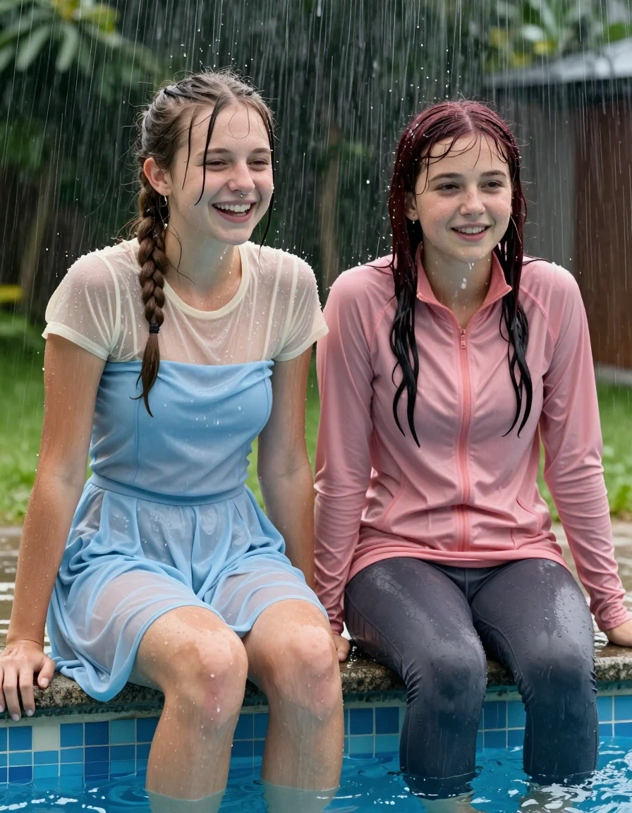 photo of young woman, in soaking wet, drenched clothes,
, , casual wear, 2 girls sitting on the edge of the pool while it pours water on them during a heavy storm, 
enjoying, wet clothes stuck to body,
detailed textures of the wet clothes, wet face, wet plastered hair,
wet, drenched, professional, high-quality details, full body view.
sharp focus, ultra-high pixel detail, realistic, high-quality, full colors, incredibly detailed, 4k, 8k, 16k, hyper-realistic, RAW photo, masterpiece, ultra-detailed, professionally color graded, professional photograph, 2 small college girls both having fun together. both similar age, a nineteen year old girl, a She has a wide square young face a very small chest, she is a pale brunette with a ponytail and bangs and a septum piercing, She is full of youthful energy, she is wearing a cream short sleeve see through sparkly undershirt underneath her formal thick pale blue strapless dress
 her dress has a flat front with a wider base.  Her friend has dark auburn hair, she is wearing darl grey leggings and a pink long sleeve athletic quarter zip. her clothes darken from the water. She has a wide square face,, wet skin, wet clothes, damp fabric, wet skin, wet clothes, damp fabric, wet skin, wet clothes, damp fabric, wet skin, wet clothes, damp fabric, wet skin, wet clothes, damp fabric, wet skin, wet clothes, damp fabric