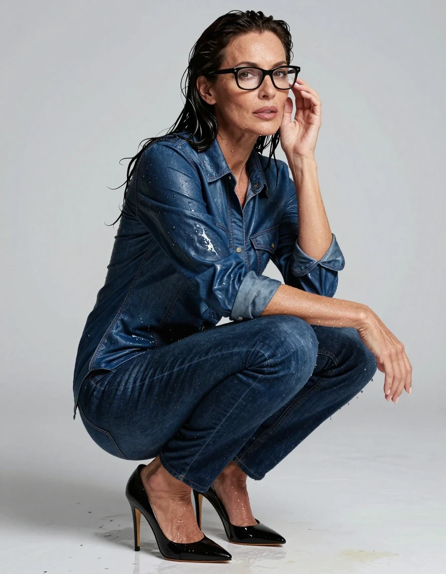 photo of young woman, in soaking wet, drenched clothes,
high-heeled shoes, long dark blue shiny jeans, shiny dark blue denim shirt, after bath, 
enjoying, wet clothes stuck to body,
detailed textures of the wet clothes, wet face, wet plastered hair,
wet, drenched, professional, high-quality details, full body view.
sharp focus, ultra-high pixel detail, realistic, high-quality, full colors, incredibly detailed, 4k, 8k, 16k, hyper-realistic, RAW photo, masterpiece, ultra-detailed, professionally color graded, professional photograph, europen brunette skinny woman 50 years old, long dark black hair, office glasses, very big and thick lips, complete body, wet skin, wet clothes, damp fabric, wet skin, wet clothes, damp fabric, wet skin, wet clothes, damp fabric, wet skin, wet clothes, damp fabric, wet skin, wet clothes, damp fabric, wet skin, wet clothes, damp fabric, wet skin, wet clothes, damp fabric