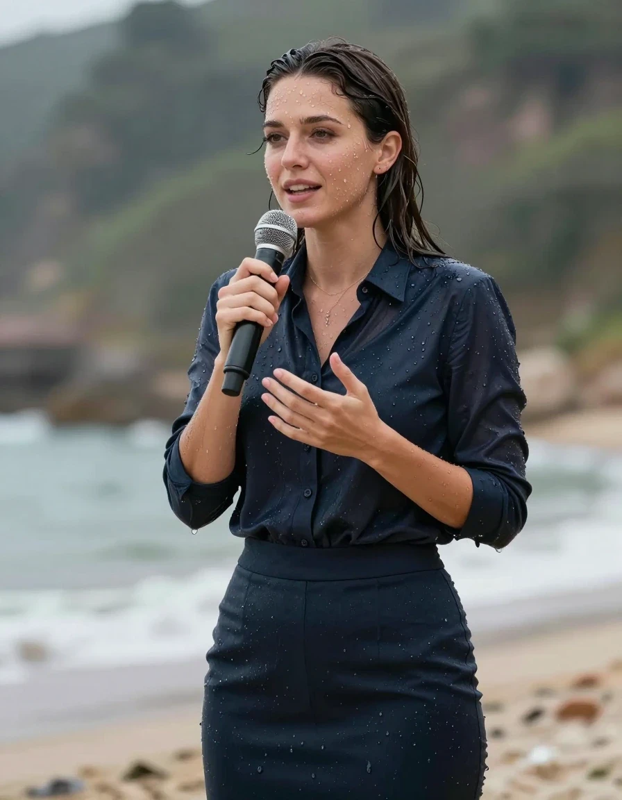 photo of young woman, in soaking wet, drenched clothes,
Shore, Office skirt, Blouse, Speech in conference, 
enjoying, wet clothes stuck to body,
detailed textures of the wet clothes, wet face, wet plastered hair,
wet, drenched, professional, high-quality details, full body view.
sharp focus, ultra-high pixel detail, realistic, high-quality, full colors, incredibly detailed, 4k, 8k, 16k, hyper-realistic, RAW photo, masterpiece, ultra-detailed, professionally color graded, professional photograph, Smiling, wet skin, wet clothes, damp fabric