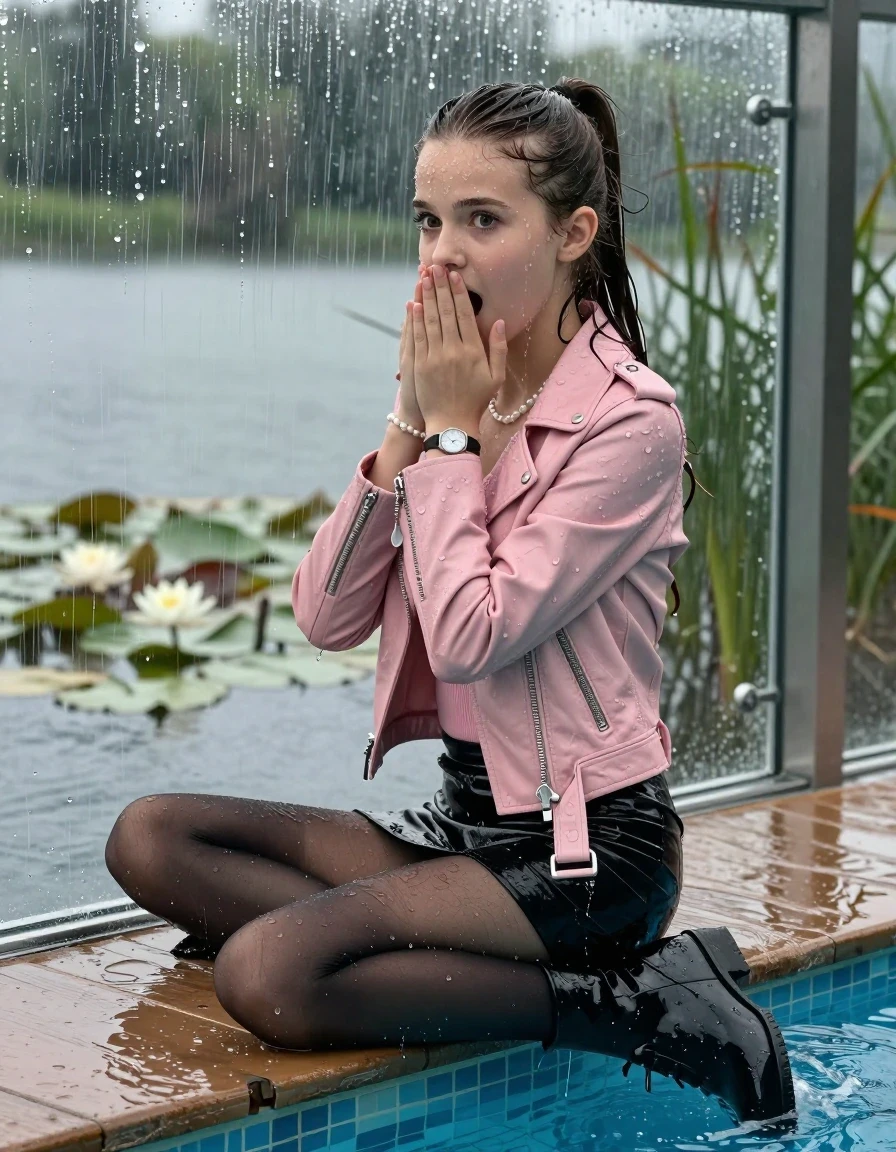 photo of young woman, in soaking wet, drenched clothes,
Black high boots, Short black mini skirt, black stockings, Light pink biker leatherjacket, tight v-neck sweater, shoulderbag, pearl necklace, bracelet, wristwatch, jetty by the lake with water lilies and reeds, 
enjoying, wet clothes stuck to body,
detailed textures of the wet clothes, wet face, wet plastered hair,
wet, drenched, professional, high-quality details, full body view.
sharp focus, ultra-high pixel detail, realistic, high-quality, full colors, incredibly detailed, 4k, 8k, 16k, hyper-realistic, RAW photo, masterpiece, ultra-detailed, professionally color graded, professional photograph, A realistic vertical fashion photograph taken from a backward, behind-the-back angle of a 12-year-old teengirl sitting  and slides in a glass-walled outdoor swimming pool, facing to the camera to show her back. 

She is tilting her head at camera, letting the water drench her hair so it is glued flat against her head and body. 
She has a sleek ponytail, completely saturated and dripping wet hair, with water cascading down her neck. Shocked and astonished expression. Hold her hands in over her mouth. Closed mouth, big eyes. 

The lighting is bright and cinematic, highlighting the glistening water droplets and the saturated texture of her casual clothes. Outside the large glass wall of the pool building, heavy rain is visible falling against the window. Soft, moody indoor lighting with reflections on the water. High-quality fashion photography style.
her clothing is soaking wet and clinging tightly to her skin, showing heavy wet folds, darkened fabric texture, and deep water-saturated Patches, her clothes are heavy from the water, water runs from her body and her clothes in streams. A lot of water also runs out of her clothes. Her clothes are darkened by the water. 
hyper-realistic wetness, high-contrast water sheen, sharp focus, 16k resolution, professional photography, realistic water physics., wet skin, wet clothes, damp fabric., wet skin, wet clothes, damp fabric, wet skin, wet clothes, damp fabric, wet skin, wet clothes, damp fabric, wet skin, wet clothes, damp fabric, wet skin, wet clothes, damp fabric