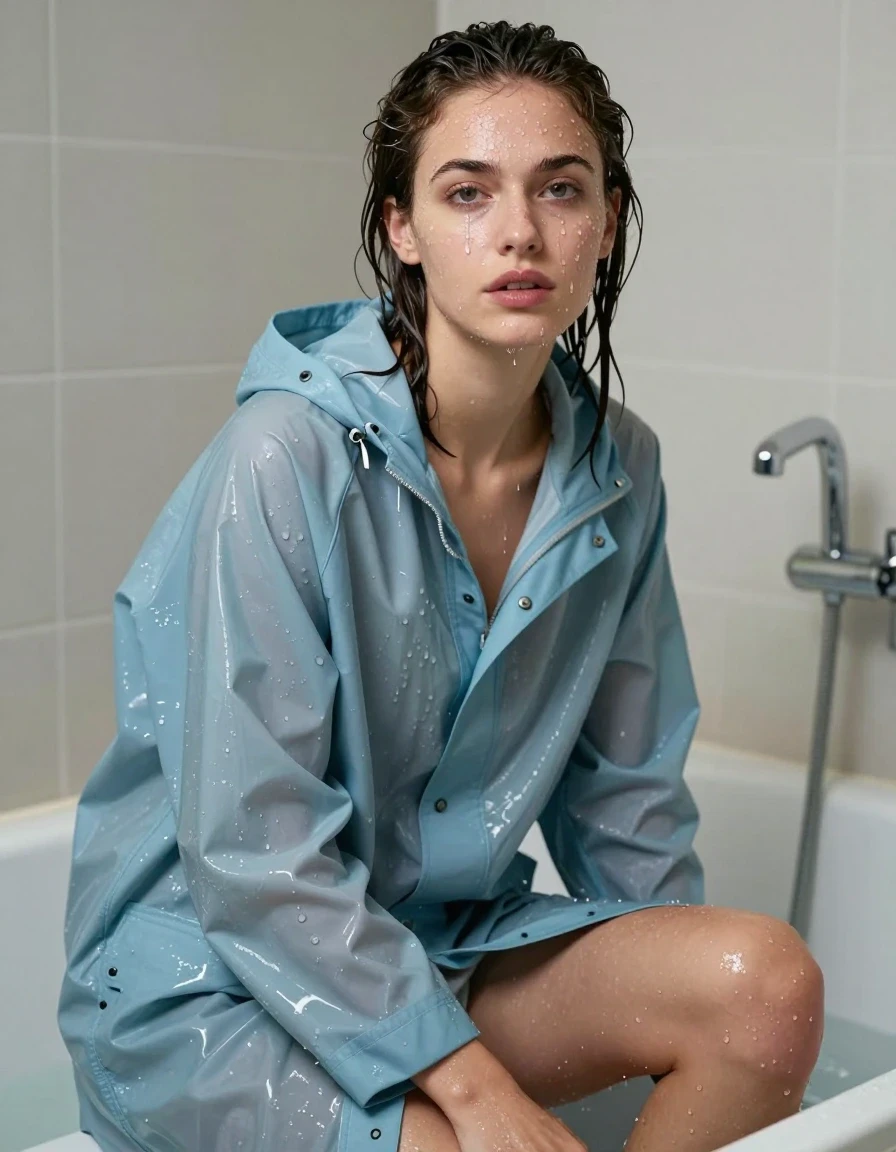 photo of young woman, in soaking wet, drenched clothes,
No shoes, , Pale blue light weight oversized windbreaker rainjacket soaking wet , In the bath she's  soaking wet . Her clothes cling to her soaking wet form .  , 
enjoying, wet clothes stuck to body,
detailed textures of the wet clothes, wet face, wet plastered hair,
wet, drenched, professional, high-quality details, full body view.
sharp focus, ultra-high pixel detail, realistic, high-quality, full colors, incredibly detailed, 4k, 8k, 16k, hyper-realistic, RAW photo, masterpiece, ultra-detailed, professionally color graded, professional photograph, Her hair is soaking wet and slicked back. Her clothes are soaking wet and clings to her form  . She's love's it., wet skin, wet clothes, damp fabric