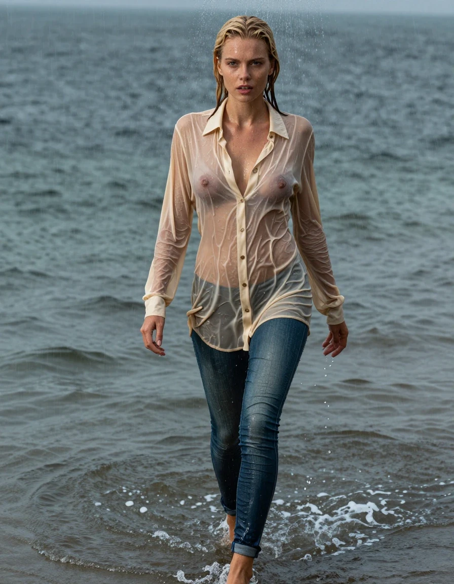 photo of young woman, in soaking wet, drenched clothes,
pumps, high-heels, transparent skinny blue jeans shiny floor-length full buttoned, no underwear, light golden oversized gown, buttoned-up, transparent, see-through, kein BH, beach, deep water, 
enjoying, wet clothes stuck to body,
detailed textures of the wet clothes, wet face, wet plastered hair,
wet, drenched, professional, high-quality details, full body view.
sharp focus, ultra-high pixel detail, realistic, high-quality, full colors, incredibly detailed, 4k, 8k, 16k, hyper-realistic, RAW photo, masterpiece, ultra-detailed, professionally color graded, professional photograph, emerging the water, walking in heavy rain, blond hair, shower, collar, long sleeves, buttoned, wet hair, long hair, soaking wet blouse,  full body view,  view from above, drenched clothes, shower, wet skin, wet clothes, soaking wet fabric, pouring water on head,
kein BH, sichtbare Brüste, Blick zur Kamera, wet skin, wet clothes, damp fabric, wet skin, wet clothes, damp fabric