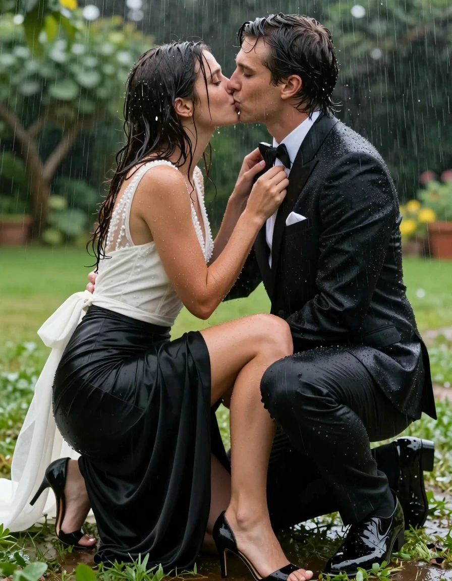 photo of young woman, in soaking wet, drenched clothes,
heels, first woman: floor-length black silk skirt. 2nd: conservative wedding dress, first woman: tuxedo, white shirt, black bowtie 2nd: conservative wedding dress, in a garden during rain, 
enjoying, wet clothes stuck to body,
detailed textures of the wet clothes, wet face, wet plastered hair,
wet, drenched, professional, high-quality details, full body view.
sharp focus, ultra-high pixel detail, realistic, high-quality, full colors, incredibly detailed, 4k, 8k, 16k, hyper-realistic, RAW photo, masterpiece, ultra-detailed, professionally color graded, professional photograph, kneeling and kissing each other, wet skin, wet clothes, damp fabric