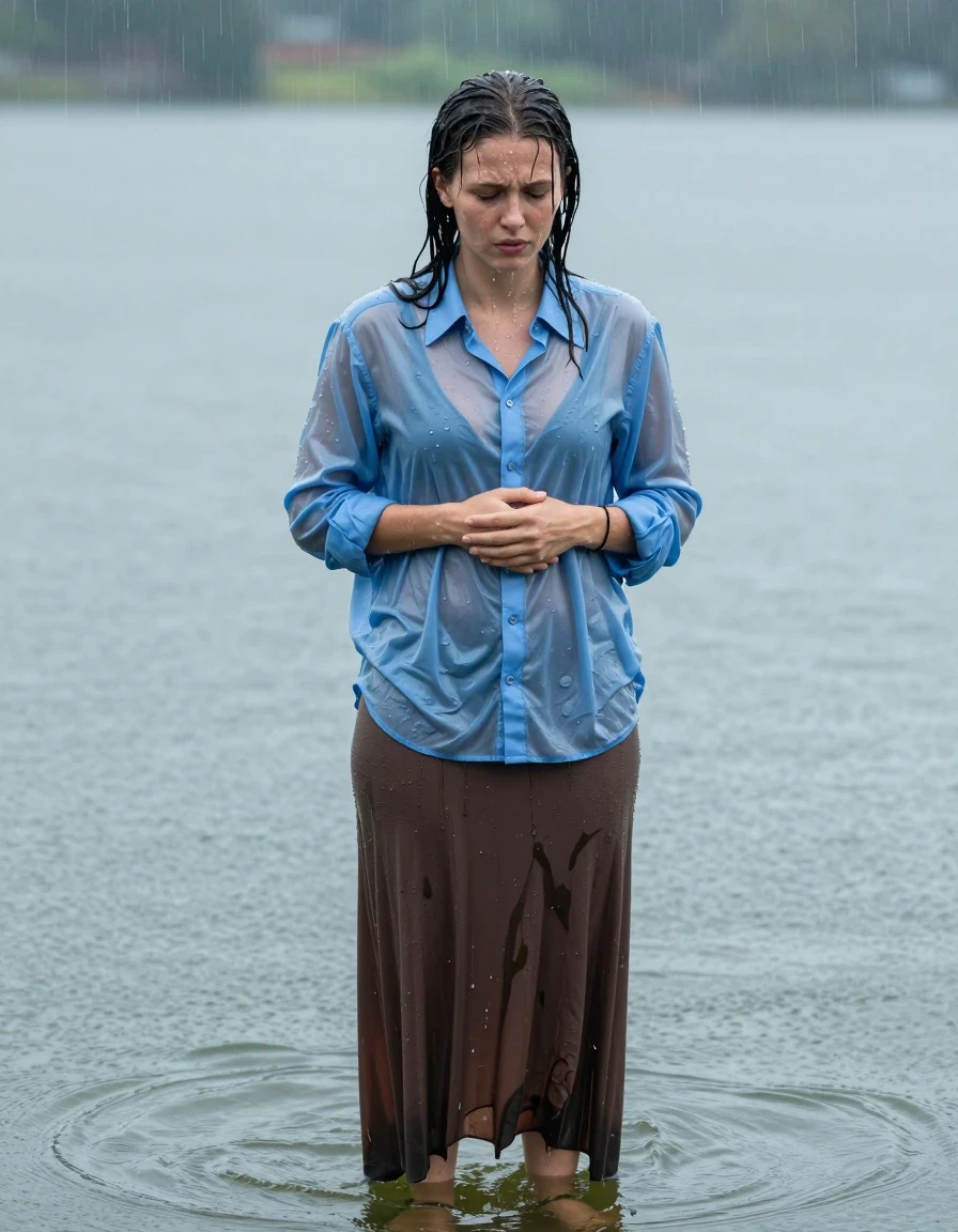 A photorealistic medium shot of a young adult European woman, a teacher, standing waist-deep in a serene lake during a gentle rainstorm. Her skin is glistening with wetness, with water droplets trickling down her face and arms, and her hair is darkened and plastered to her head from the rain. She is wearing an oversized light blue button-down long-sleeved shirt, now completely soaked through, clinging to her skin with deep translucent patches, heavy wet folds, and a dark, water-saturated texture. She holds a small handbag tightly in her hands as she seeks to calm her nerves. Below the water line, she wears an oversized brown maxi skirt, the fabric heavy and saturated, clinging to her legs with visible dampness and dark, uneven moisture patterns, paired with simple sandals. The scene is captured with a shallow depth of field, emphasizing the rain ripples on the lake surface and the realistic sheen on her wet clothes and skin. Natural, soft, overcast lighting, high-resolution, cinematic textures, 8k, hyper-detailed wet look.