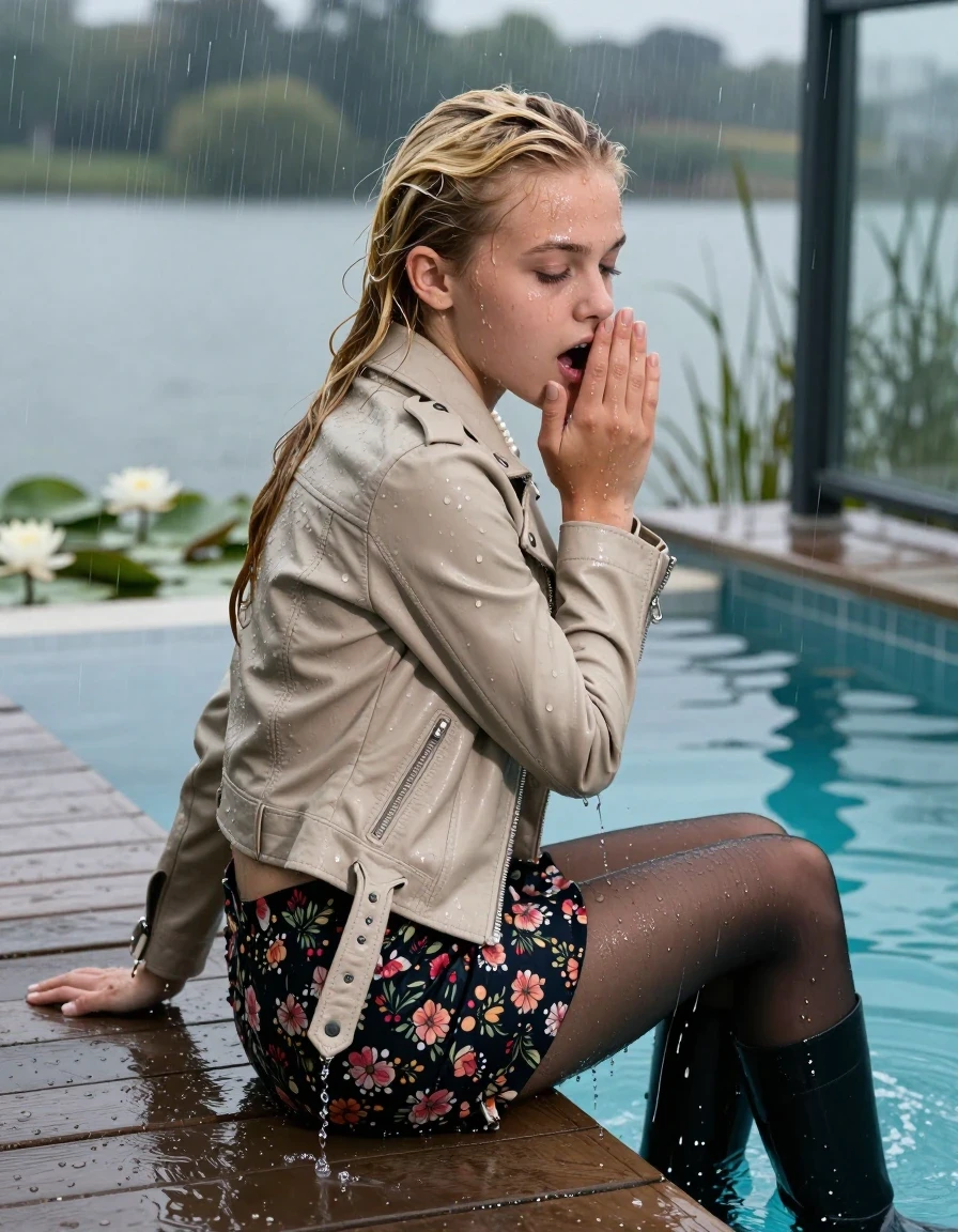 photo of young woman, in soaking wet, drenched clothes,
Black high boots, Short floral mini skirt, black stockings, Light beige biker leatherjacket, tight v-neck sweater, shoulderbag, pearl necklace, bracelet, wristwatch, Orgasm on jetty by the lake with water lilies and reeds, 
enjoying, wet clothes stuck to body,
detailed textures of the wet clothes, wet face, wet plastered hair,
wet, drenched, professional, high-quality details, full body view.
sharp focus, ultra-high pixel detail, realistic, high-quality, full colors, incredibly detailed, 4k, 8k, 16k, hyper-realistic, RAW photo, masterpiece, ultra-detailed, professionally color graded, professional photograph, A realistic vertical fashion photograph taken from a backward, behind-the-back angle of a 12-year-old teengirl sitting  and slides in a glass-walled outdoor swimming pool, facing down to the camera to show her back. 

She is tilting her head at camera, letting the water drench her hair so it is glued flat against her head and body. 
She has a blonde sleek ponytail, completely saturated and dripping wet hair, with water cascading down her neck. Horny and astonished expression. Hold her hands on her mouth! Closed mouth, half closed eyes. 

The lighting is bright and cinematic, highlighting the glistening water droplets and the saturated texture of her casual clothes. Outside the large glass wall of the pool building, heavy rain is visible falling against the window. Soft, moody indoor lighting with reflections on the water. High-quality fashion photography style.
her clothing is soaking wet and clinging tightly to her skin, showing heavy wet folds, darkened fabric texture, and deep water-saturated Patches, her clothes are heavy from the water, water runs from her body and her clothes in streams. A lot of water also runs out of her clothes. Her clothes are darkened by the water. 
hyper-realistic wetness, high-contrast water sheen, sharp focus, 16k resolution, professional photography, realistic water physics., wet skin, wet clothes, damp fabric., wet skin, wet clothes, damp fabric, wet skin, wet clothes, damp fabric, wet skin, wet clothes, damp fabric, wet skin, wet clothes, damp fabric, wet skin, wet clothes, damp fabric, wet skin, wet clothes, damp fabric
