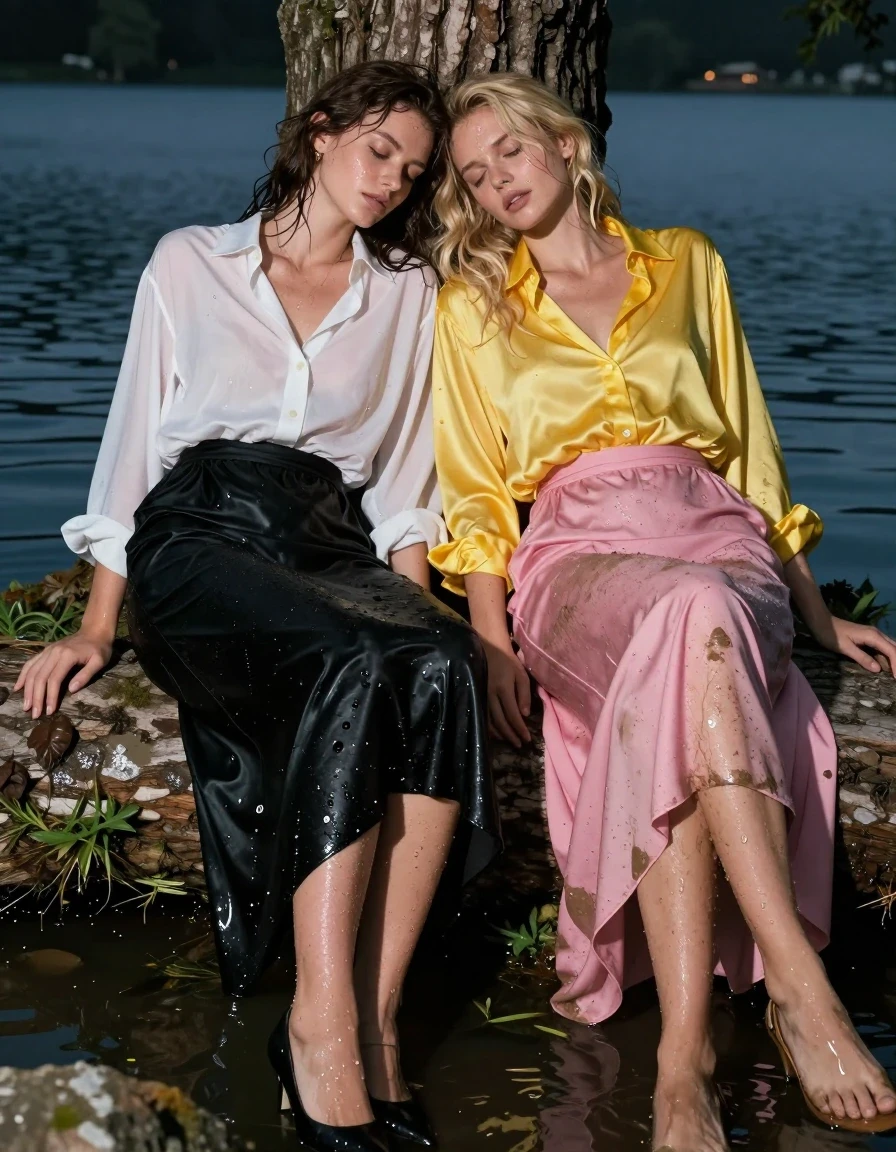 photo of young woman, in soaking wet, drenched clothes,
heels, first brunette woman: floor-length black silk skirt. 2nd floor-length pink silk skirt, first brunette woman: oversized long-sleeved white blouse, 2nd blonde woman: oversized yellow satin blouse, at a lake at night, 
enjoying, wet clothes stuck to body,
detailed textures of the wet clothes, wet face, wet plastered hair,
wet, drenched, professional, high-quality details, full body view.
sharp focus, ultra-high pixel detail, realistic, high-quality, full colors, incredibly detailed, 4k, 8k, 16k, hyper-realistic, RAW photo, masterpiece, ultra-detailed, professionally color graded, professional photograph, sleeping under a tree after a long swim, clothes dirty and muddy, wet skin, wet clothes, damp fabric