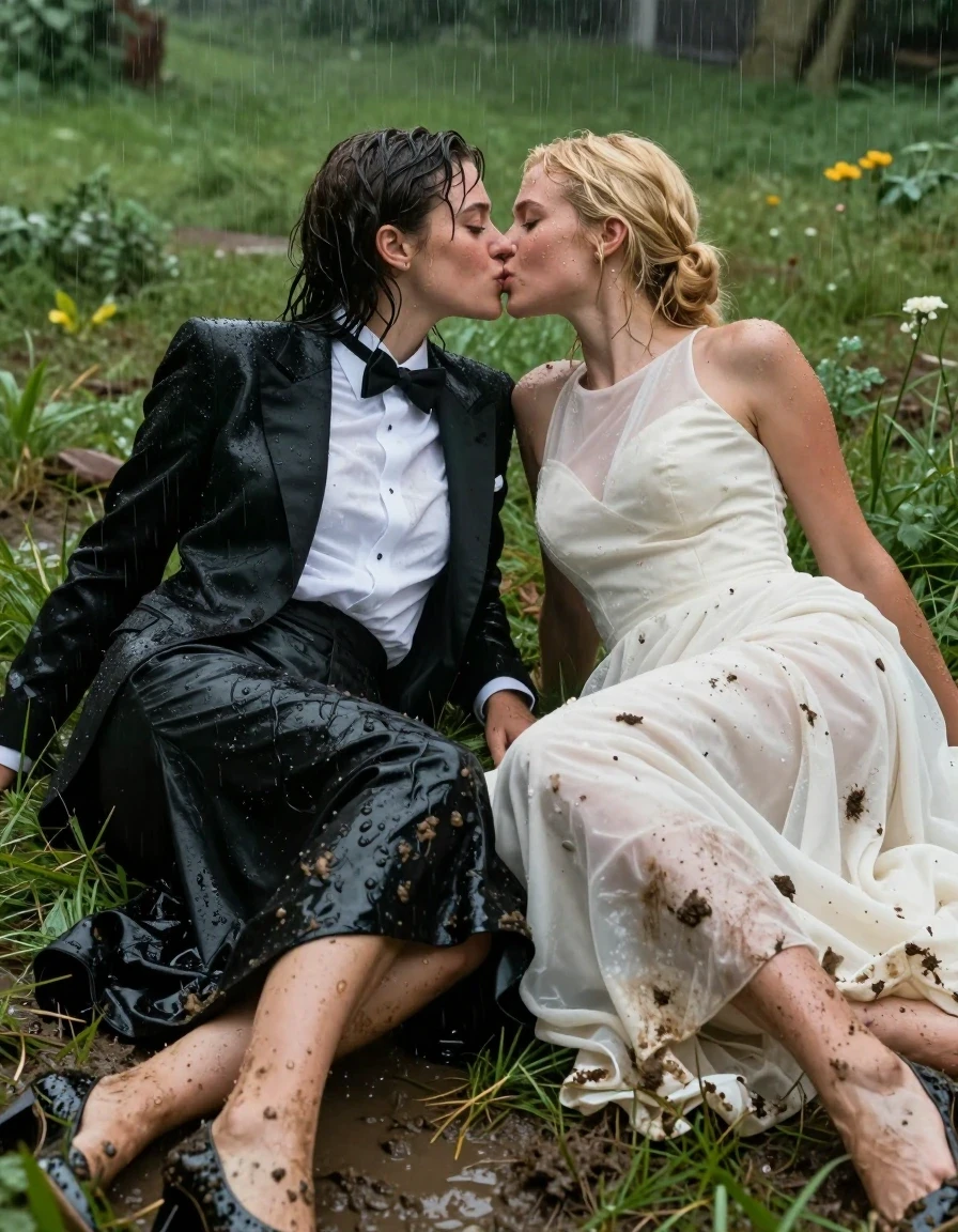 A photorealistic, cinematic shot of two young adult European women lying in muddy, rain-drenched grass in a lush garden. The first brunette woman is dressed in a sharp tuxedo with a white shirt and black bowtie, paired with a floor-length black silk skirt; the second blonde woman wears a conservative, high-necked wedding dress. Both women are captured in an intimate, passionate kiss. Their clothing is heavily soaked from the rain and mud, with the black silk skirt clinging to the brunette's legs and the wedding dress fabric heavy, translucent, and saturated with water, showing deep folds and dark patches where it meets the wet earth. Their hair is wet, plastered to their faces and necks, and their skin has a realistic, glistening water sheen. The scene features high-contrast lighting from a stormy, overcast sky, highlighting the glistening water droplets on their faces, the wet texture of the muddy grass, and the heavy, sodden weight of their formal attire. Shot with a 50mm lens, shallow depth of field, sharp focus on their faces, hyper-realistic textures, 8k resolution, cinematic atmosphere.
