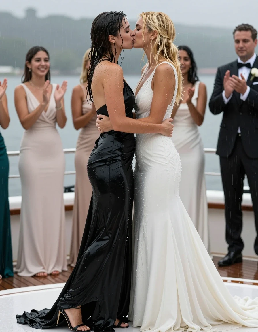 photo of young woman, in soaking wet, drenched clothes,
heels, first brunette woman: floor-length black silk skirt. 2nd blonde woman: conservative wedding dress, first brunette woman: tuxedo, white shirt, black bowtie 2nd blonde woman: conservative wedding dress, lesbian wedding during rain on a yacht, 
enjoying, wet clothes stuck to body,
detailed textures of the wet clothes, wet face, wet plastered hair,
wet, drenched, professional, high-quality details, full body view.
sharp focus, ultra-high pixel detail, realistic, high-quality, full colors, incredibly detailed, 4k, 8k, 16k, hyper-realistic, RAW photo, masterpiece, ultra-detailed, professionally color graded, professional photograph, kissing, in the background soaked women wearing ballgowns applauding, wet skin, wet clothes, damp fabric
