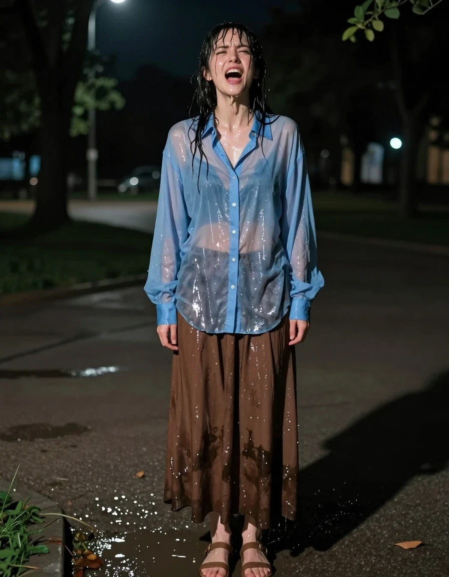 A photorealistic full-body shot of a young adult European woman in an empty park at night, standing under dim ambient moonlight. She is wearing an oversized light blue buttoned-down long-sleeved shirt and an oversized brown maxi skirt, paired with simple sandals. The woman is drenched, with her skin glistening with a wet sheen, hair clinging to her face, and her expression captured in the height of an intense orgasm. Her clothing is visibly damp, with the fabric clinging to her body, exhibiting heavy wet folds, darkened patches from deep moisture absorption, and a translucent quality where the material adheres to her skin. The scene is captured with a high-detail camera, emphasizing the texture of the wet fabric and the glossy specular reflections on her damp skin and clothes, set against the dark, moody atmosphere of the deserted park.
