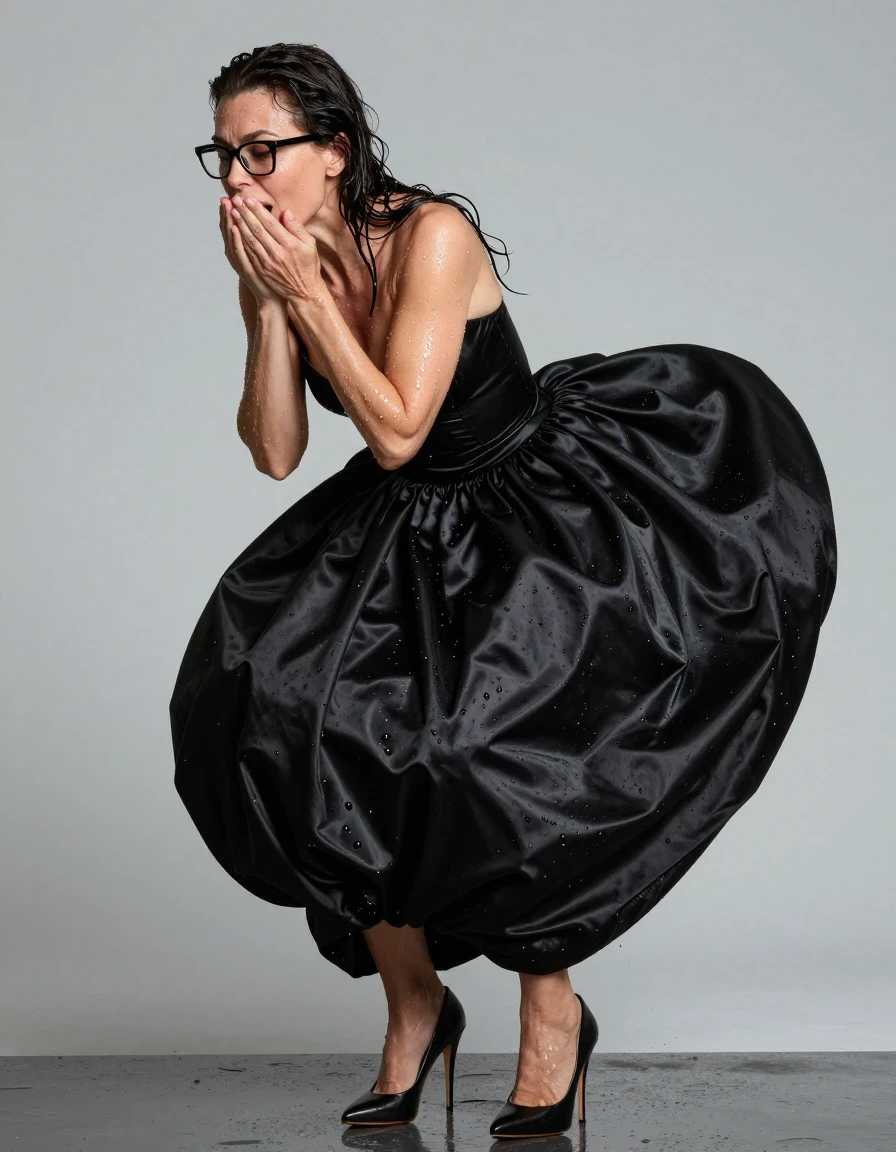 photo of young woman, in soaking wet, drenched clothes,
high-heeled shoes, maxi large BLACK satin dress, maxi large BLACK satin dress, after diving , 
enjoying, wet clothes stuck to body,
detailed textures of the wet clothes, wet face, wet plastered hair,
wet, drenched, professional, high-quality details, full body view.
sharp focus, ultra-high pixel detail, realistic, high-quality, full colors, incredibly detailed, 4k, 8k, 16k, hyper-realistic, RAW photo, masterpiece, ultra-detailed, professionally color graded, professional photograph, europen brunette skinny woman 50 years old, long dark black hair, office glasses, very big and thick lips, complete body, wet skin, wet clothes, damp fabric, wet skin, wet clothes, damp fabric, wet skin, wet clothes, damp fabric, wet skin, wet clothes, damp fabric, wet skin, wet clothes, damp fabric, wet skin, wet clothes, damp fabric, wet skin, wet clothes, damp fabric