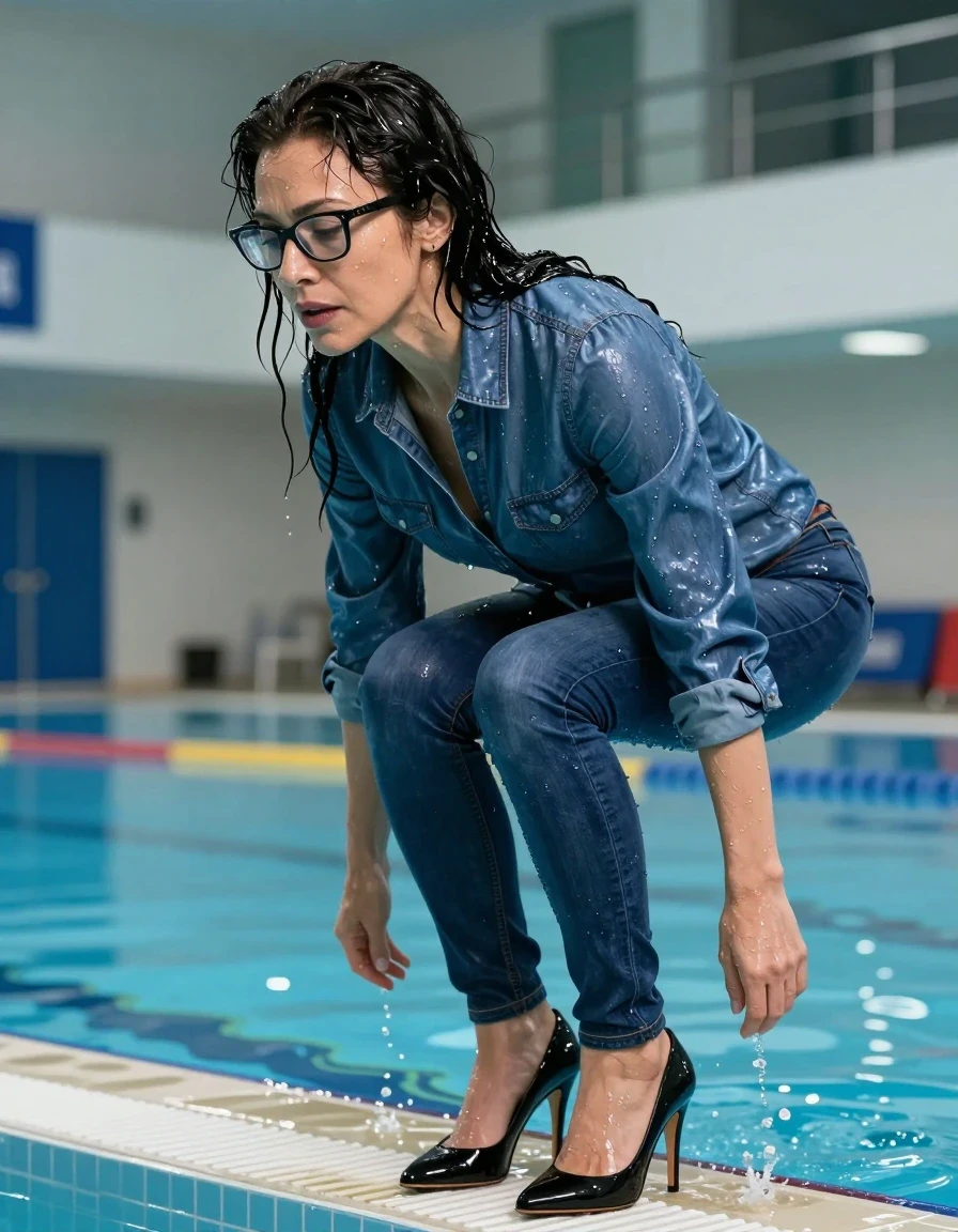 photo of young woman, in soaking wet, drenched clothes,
high-heeled shoes, long blue shiny jeans, shiny blue denim shirt, after diving into the water of the indoor pool, 
enjoying, wet clothes stuck to body,
detailed textures of the wet clothes, wet face, wet plastered hair,
wet, drenched, professional, high-quality details, full body view.
sharp focus, ultra-high pixel detail, realistic, high-quality, full colors, incredibly detailed, 4k, 8k, 16k, hyper-realistic, RAW photo, masterpiece, ultra-detailed, professionally color graded, professional photograph, europen brunette skinny woman 50 years old, long dark black hair, office glasses, very big and thick lips, complete body, wet skin, wet clothes, damp fabric, wet skin, wet clothes, damp fabric, wet skin, wet clothes, damp fabric, wet skin, wet clothes, damp fabric, wet skin, wet clothes, damp fabric, wet skin, wet clothes, damp fabric, wet skin, wet clothes, damp fabric