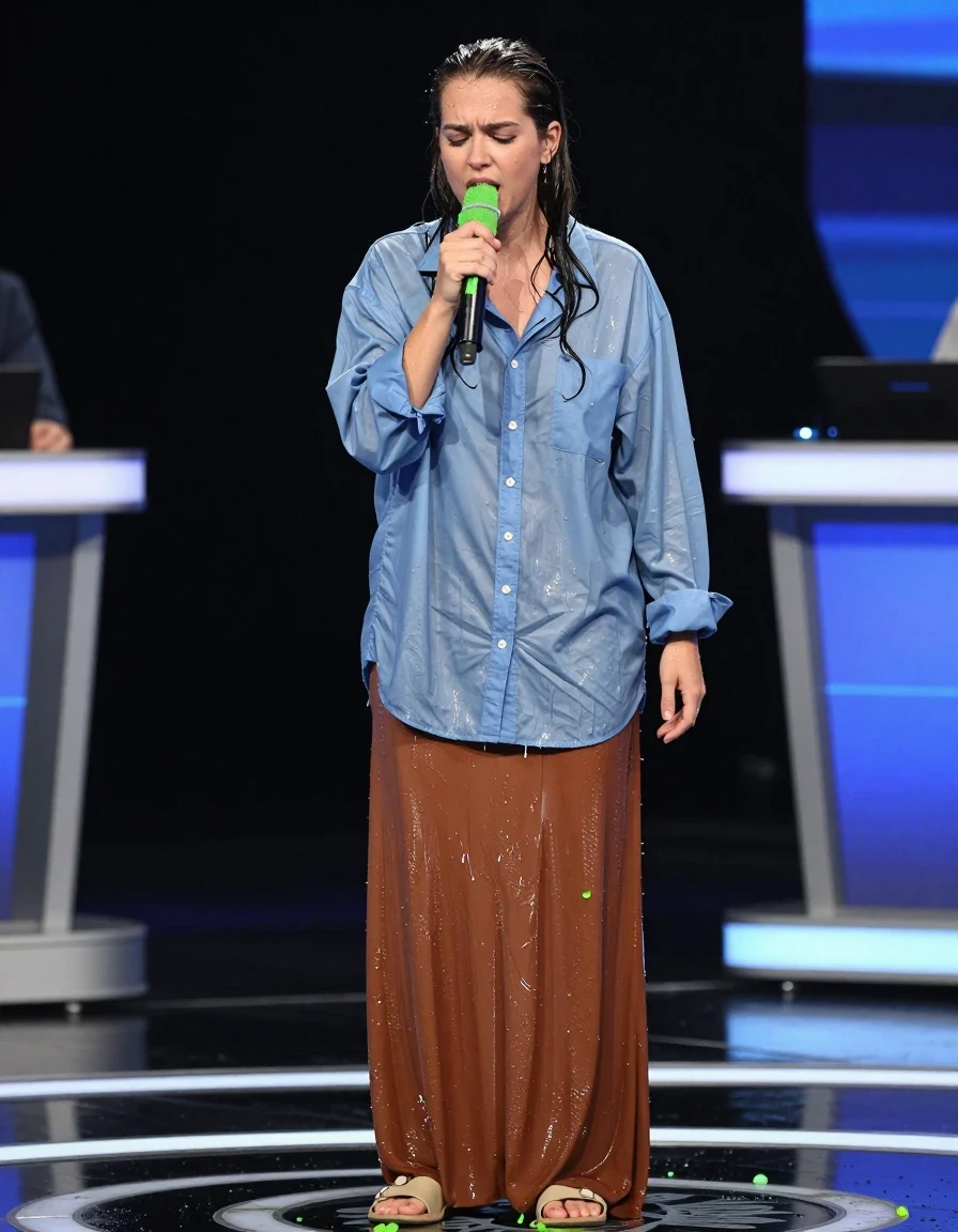 photo of young woman, in soaking wet, drenched clothes,
sandals, oversized brown maxi skirt, oversized light blue buttoned down long sleeved shirt, game show, 
enjoying, wet clothes stuck to body,
detailed textures of the wet clothes, wet face, wet plastered hair,
wet, drenched, professional, high-quality details, full body view.
sharp focus, ultra-high pixel detail, realistic, high-quality, full colors, incredibly detailed, 4k, 8k, 16k, hyper-realistic, RAW photo, masterpiece, ultra-detailed, professionally color graded, professional photograph, slimed with green goo, wet skin, wet clothes, damp fabric