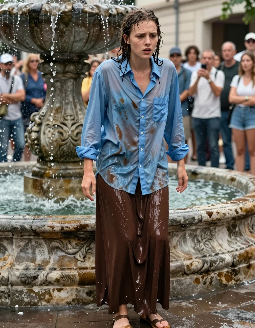 A photorealistic full-body shot of a young adult European woman emerging from a large ornate stone fountain, completely drenched. She is wearing an oversized light blue buttoned-down long-sleeved shirt and an oversized brown maxi skirt, both garments are heavy with absorbed water, clinging to her body, darkened by saturation, with visible fabric weight, deep folds, and clinging texture. She wears simple sandals on her feet. Her skin is glistening with water, and her hair is wet and plastered to her head. The fabric of the shirt and skirt shows deep, uneven wet patches and intense glossy specular highlights where the water catches the light. She has a look of mild embarrassment or shock as a crowd of onlookers in the background stares at her. The scene is captured with a sharp focus, high-speed photography style, highlighting the splashing water droplets and the wet sheen on all surfaces. Natural daylight, cinematic lighting, 8k resolution, highly detailed textures, realistic water physics.