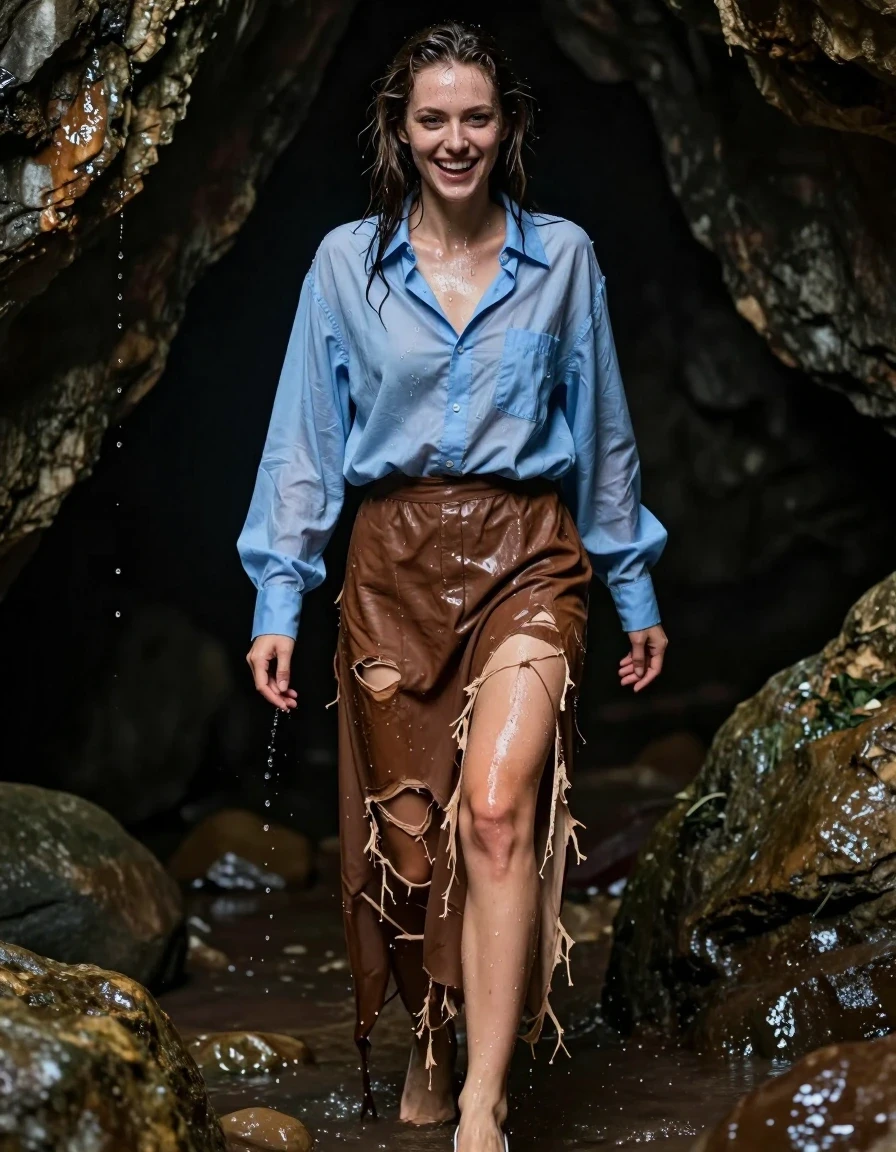 A hyper-realistic full-body portrait of a young adult European woman emerging from a dark, damp cave. She is wearing an oversized light blue buttoned-down long-sleeved shirt and an oversized brown maxi skirt that is torn to shreds, revealing high heels. Her skin and hair are completely drenched, glistening with water droplets and a realistic wet sheen. The fabric of her clothes is heavy, clinging to her body, and saturated with water, showing deep, dark tones from the soak, visible damp textures, and heavy folds. She has an expression of pure joy and exhilaration as she steps out of the cave. The lighting is cinematic, highlighting the water reflecting off her skin and the torn, soaked fabric. The cave background is rugged and misty, with water dripping from stone surfaces. Shot on 35mm lens, sharp focus, high contrast, intricate skin texture, photorealistic, professional photography.