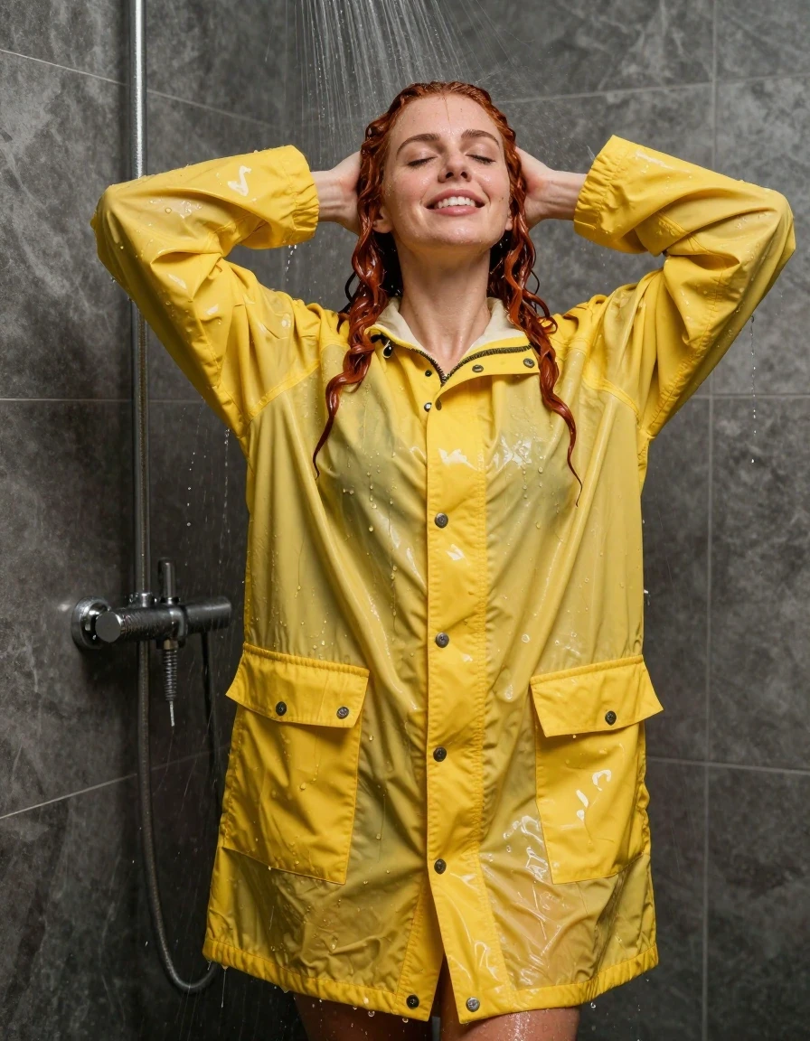 photo of young woman, in soaking wet, drenched clothes,
No socks , No underwear , Yellow long  oversized trespass ultralight weight rainjacket , In the shower showering soaking wet. Water is pouring down all over her from above completely soaking her from head to toe , 
enjoying, wet clothes stuck to body,
detailed textures of the wet clothes, wet face, wet plastered hair,
wet, drenched, professional, high-quality details, full body view.
sharp focus, ultra-high pixel detail, realistic, high-quality, full colors, incredibly detailed, 4k, 8k, 16k, hyper-realistic, RAW photo, masterpiece, ultra-detailed, professionally color graded, professional photograph, Her long red curly hair is soaking wet and slicked back.  Her clothes are soaking wet and cling to wet form. She's very aroused and happy, wet skin, wet clothes, damp fabric