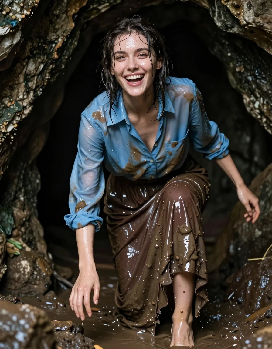 A photorealistic medium shot of a young adult European woman with a joyful, ecstatic expression, crawling out of a dark, rocky cave entrance. Her skin is glistening with a heavy water sheen, covered in streaks of mud, with damp hair clinging to her face. She is wearing a mucky, oversized light blue buttoned-down long-sleeved shirt that is completely soaked through, causing the fabric to darken, cling to her body, and display heavy, water-logged folds. Paired with this is a mucky, oversized brown maxi skirt, heavily saturated with water, appearing dark and heavy with mud-stained fabric. She is wearing high heels that are partially submerged in the damp cave floor. The lighting is natural and moody, casting highlights on her wet skin and the glossy, clinging texture of the damp, mud-streaked clothing. High-resolution, 8k, cinematic lighting, hyper-detailed textures, focus on the contrast between the rough cave environment and the wet, clinging fabric of her clothes.