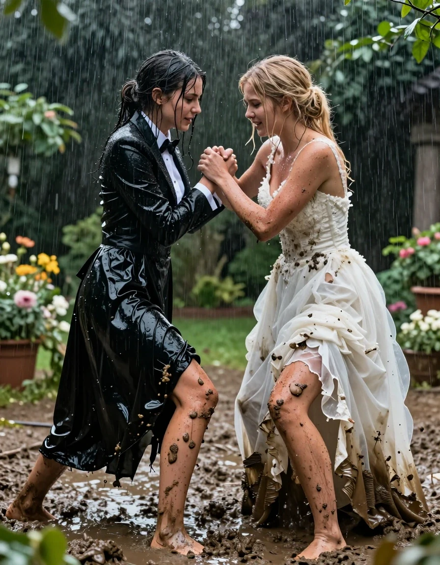 A cinematic, hyper-realistic wide shot of two young adult European women in a lush garden during a heavy rainstorm, caught in the middle of a mud wrestling match after their wedding. The first woman, a brunette, wears a soaking-wet black tuxedo jacket, a transparently drenched white shirt, a black bowtie, and a floor-length black silk skirt that is heavy, clung to her legs, and stained with thick mud. The second woman, a blonde, wears a conservative white wedding dress that is completely saturated with water, mud-caked, and torn, with the fabric clinging to her frame and becoming translucent. Both women are stumbling clumsily in the deep mud, their hair plastered to their faces and necks by the downpour, skin glistening with water and mud smears. The clothing exhibits heavy wet folds, dark saturated patches, and a glossy sheen from the rain and mud. The garden environment is dark and moody, with rain-slicked foliage, mud-splattered petals, and heavy atmospheric mist. 8k resolution, photorealistic, sharp focus on the textures of the wet silk, torn lace, and mud-caked fabric, high contrast lighting emphasizing the wetness and water reflections on their skin and clothing.