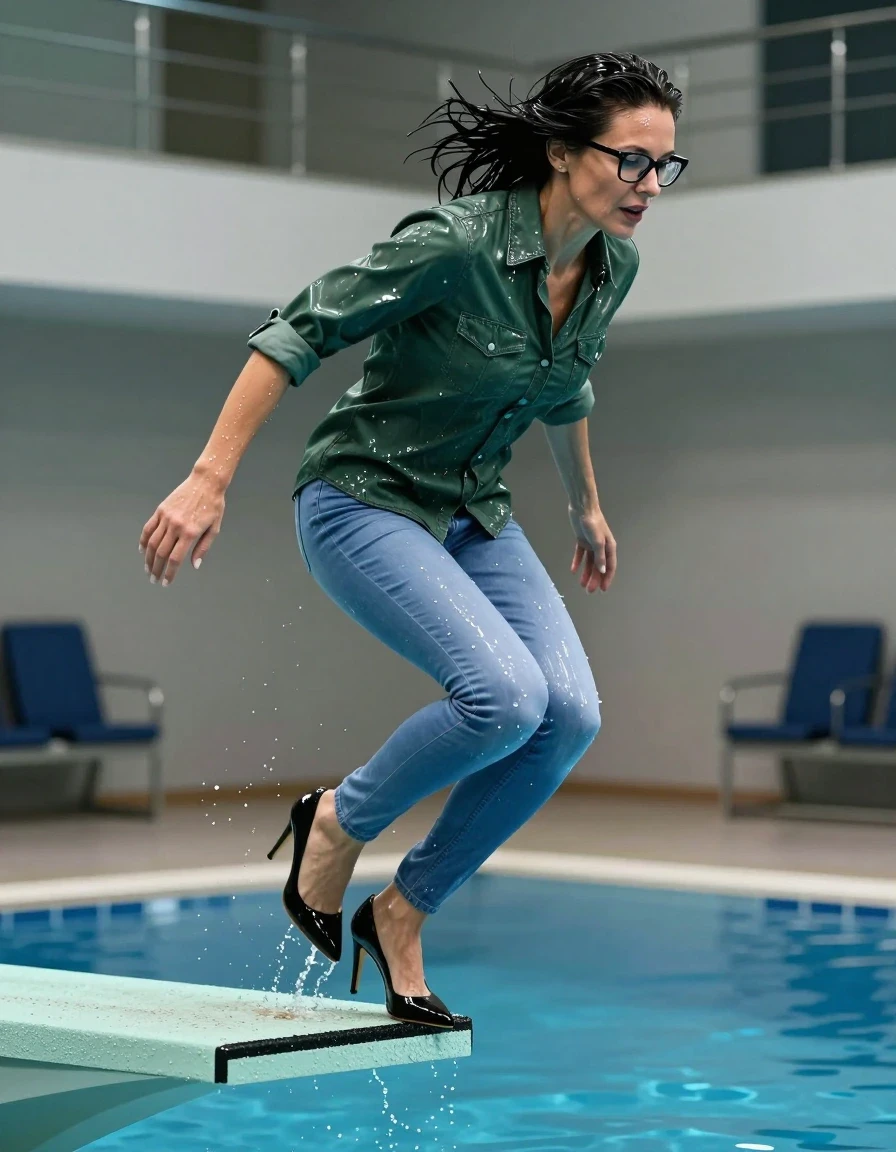 photo of young woman, in soaking wet, drenched clothes,
high-heeled shoes, long light blue shiny jeans, shiny dark green denim shirt, jumping from the diving board into the water of the indoor pool, 
enjoying, wet clothes stuck to body,
detailed textures of the wet clothes, wet face, wet plastered hair,
wet, drenched, professional, high-quality details, full body view.
sharp focus, ultra-high pixel detail, realistic, high-quality, full colors, incredibly detailed, 4k, 8k, 16k, hyper-realistic, RAW photo, masterpiece, ultra-detailed, professionally color graded, professional photograph, europen brunette skinny woman 50 years old, long dark black hair, office glasses, very big and thick lips, complete body, wet skin, wet clothes, damp fabric, wet skin, wet clothes, damp fabric, wet skin, wet clothes, damp fabric, wet skin, wet clothes, damp fabric, wet skin, wet clothes, damp fabric, wet skin, wet clothes, damp fabric, wet skin, wet clothes, damp fabric