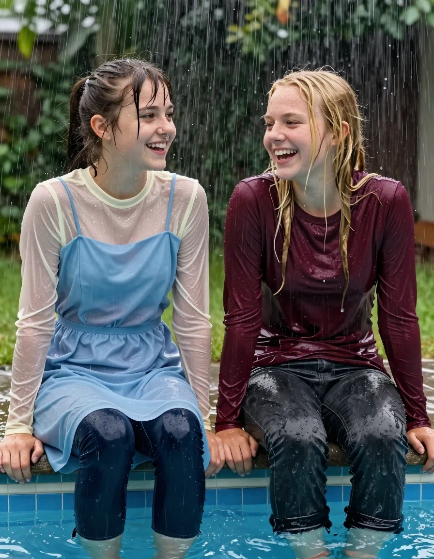 photo of young woman, in soaking wet, drenched clothes,
, , casual wear, 2 girls sitting on the edge of the pool while it pours water on them during a heavy storm, 
enjoying, wet clothes stuck to body,
detailed textures of the wet clothes, wet face, wet plastered hair,
wet, drenched, professional, high-quality details, full body view.
sharp focus, ultra-high pixel detail, realistic, high-quality, full colors, incredibly detailed, 4k, 8k, 16k, hyper-realistic, RAW photo, masterpiece, ultra-detailed, professionally color graded, professional photograph, 2 small college girls both having fun together. both similar age, a nineteen year old girl, she is small, young, petite, with a flat and slim body, a She has a wide square young face a very small chest, she is a pale brunette with a ponytail and bangs and a septum piercing, She is full of youthful energy, she is wearing a cream long sleeve see through sparkly undershirt underneath her formal thick pale blue dress with a highish neckline, her dress has a flat front with a wider base. her friend is slightly shorter, she has blonde hair, she is wearing dark colored soaked loose jeans and a long sleeve maroon top. her clothes darken from the water. She has a wide square face,, wet skin, wet clothes, damp fabric, wet skin, wet clothes, damp fabric, wet skin, wet clothes, damp fabric, wet skin, wet clothes, damp fabric