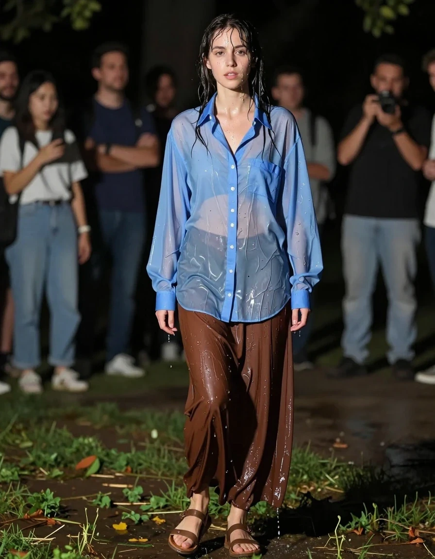 photo of young woman, in soaking wet, drenched clothes,
sandals, oversized brown maxi skirt, oversized light blue buttoned down long sleeved shirt, empty park at night, 
enjoying, wet clothes stuck to body,
detailed textures of the wet clothes, wet face, wet plastered hair,
wet, drenched, professional, high-quality details, full body view.
sharp focus, ultra-high pixel detail, realistic, high-quality, full colors, incredibly detailed, 4k, 8k, 16k, hyper-realistic, RAW photo, masterpiece, ultra-detailed, professionally color graded, professional photograph, drenched, people are staring at her, wet skin, wet clothes, damp fabric