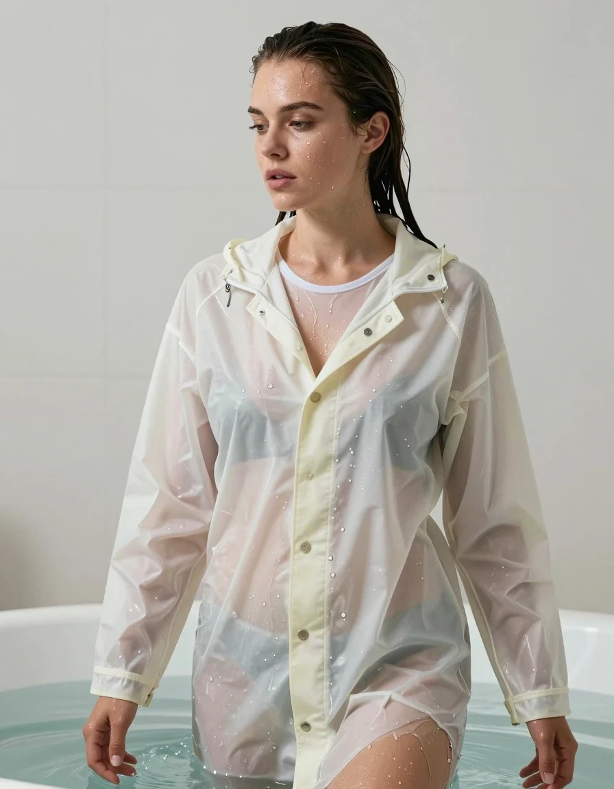 photo of young woman, in soaking wet, drenched clothes,
No shoes, , White long  soaking wet raincoat. White soaking wet tshirt underneath the rainjacket , In the bath full of water. she's  soaking wet in baby oils . Her clothes cling to her soaking wet nude form under her clothes.  , 
enjoying, wet clothes stuck to body,
detailed textures of the wet clothes, wet face, wet plastered hair,
wet, drenched, professional, high-quality details, full body view.
sharp focus, ultra-high pixel detail, realistic, high-quality, full colors, incredibly detailed, 4k, 8k, 16k, hyper-realistic, RAW photo, masterpiece, ultra-detailed, professionally color graded, professional photograph, Her hair is soaking wet and slicked back. Her clothes are soaking wet and clings to her form  . She's love's it. Her rainjacket is closed, wet skin, wet clothes, damp fabric