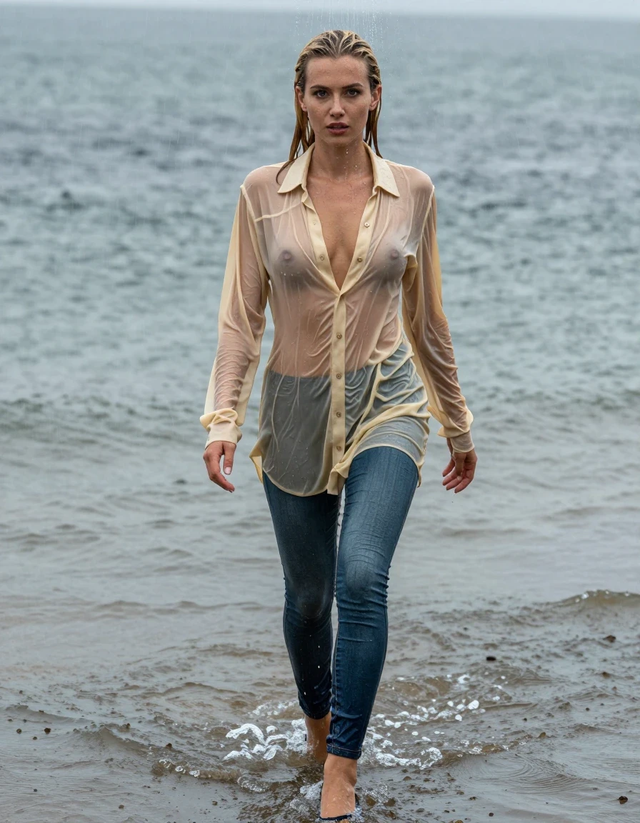 photo of young woman, in soaking wet, drenched clothes,
pumps, high-heels, transparent skinny blue jeans shiny floor-length full buttoned, no underwear, light golden oversized gown, buttoned-up, transparent, see-through, kein BH, beach, deep water, 
enjoying, wet clothes stuck to body,
detailed textures of the wet clothes, wet face, wet plastered hair,
wet, drenched, professional, high-quality details, full body view.
sharp focus, ultra-high pixel detail, realistic, high-quality, full colors, incredibly detailed, 4k, 8k, 16k, hyper-realistic, RAW photo, masterpiece, ultra-detailed, professionally color graded, professional photograph, walking in heavy rain, blond hair, shower, collar, long sleeves, buttoned, wet hair, long hair, soaking wet blouse,  full body view,  view from above, drenched clothes, shower, wet skin, wet clothes, soaking wet fabric, pouring water on head,
kein BH, sichtbare Brüste, Blick zur Kamera, wet skin, wet clothes, damp fabric, wet skin, wet clothes, damp fabric