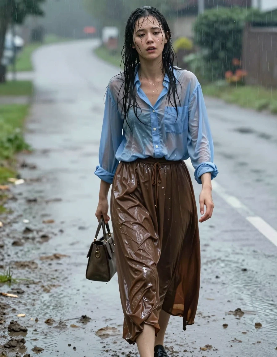A photorealistic medium shot of an exhausted young adult European woman trudging along a muddy, rain-slicked road. She wears an oversized light blue buttoned-down long-sleeved shirt and an oversized brown maxi skirt, both fabrics clinging heavily to her body, saturated with rainwater, appearing significantly darker and translucent in areas where the damp fabric adheres to her skin. She carries a small handbag clutched in her hand. Her skin is glistening with a sheen of moisture, and her hair is matted and wet from the downpour. She is captured in a state of physical fatigue, barely walking, with a weary expression. The environment is a gloomy, overcast rainy day with puddles and churned mud on the ground. The lighting is soft and diffused, highlighting the glossy, wet textures of the clothes and skin. High-resolution, 8k, cinematic lighting, realistic fabric physics, heavy wet folds, water-soaked textures.