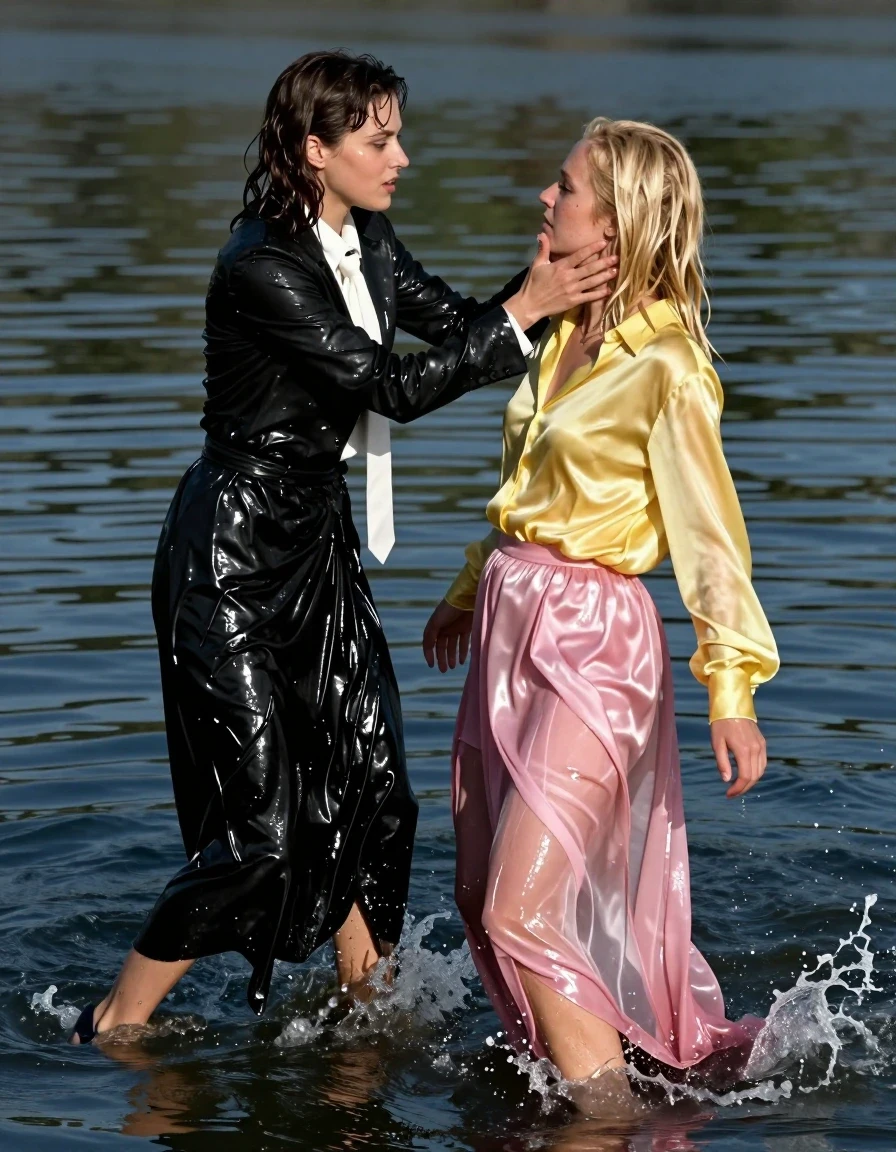 A hyper-realistic cinematic shot of two young adult European women in a lake. A brunette woman stands tall and dominant, wearing a black tuxedo jacket over a long-sleeved white blouse, a necktie, and a floor-length black silk skirt, her outfit rendered in deep, heavy, water-soaked black with clinging fabric, dark saturated folds, and intense liquid sheen. She is forcefully shoving the face of a second blonde woman into the lake water. The blonde woman wears an oversized yellow satin blouse and a floor-length pink silk skirt, both garments clinging to her frame, translucent and darkened by the water, showing heavy wet folds and shimmering specular highlights. The brunette wears high-heeled shoes visible beneath the surface, while the blonde wears sandals. The water is turbulent around them, with realistic splashing, droplets, and ripples. The lighting is dramatic, highlighting the wet texture of their hair, slick skin, and the heavy, clinging, high-gloss wetness of the silk fabrics. 8k resolution, photographic detail, sharp focus on the struggle and the saturated, water-logged textures of the clothing.