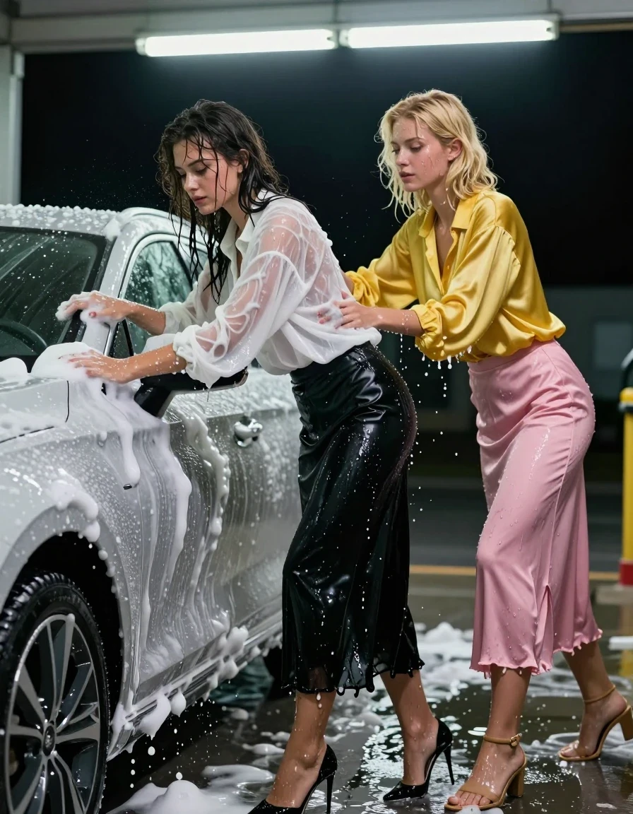 A photorealistic night scene at a car wash featuring two young adult European women, one brunette and one blonde, clumsily washing a sleek car. The brunette woman wears an oversized long-sleeved white blouse and a floor-length black silk skirt, with wet high-heeled shoes; the blonde woman wears an oversized yellow satin blouse and a floor-length pink silk skirt, with wet sandals. Both women are drenched in thick, white soapy foam. The white blouse and pink silk skirt are soaking wet, clinging to their bodies, translucent, and darkened with deep water saturation, showing heavy wet folds and a high-gloss sheen. Their hair is wet and matted, and their skin has a glistening, water-drenched texture. The environment is dark, illuminated by harsh, flickering fluorescent car wash lights that create intense specular highlights and reflections on the wet surfaces of the car, the soapy foam, and their saturated clothing. High-contrast cinematic lighting, 8k resolution, realistic water physics, droplets running down their skin, fabric heavy with water weight, candid action shot, hyper-detailed textures.