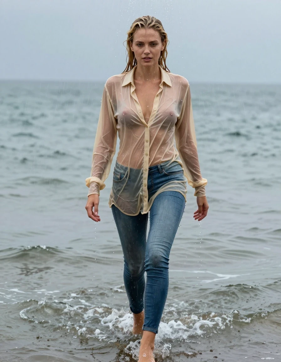 photo of young woman, in soaking wet, drenched clothes,
pumps, high-heels, transparent skinny blue jeans shiny floor-length full buttoned, no underwear, light golden oversized gown, buttoned-up, transparent, see-through, kein BH, beach, deep water, 
enjoying, wet clothes stuck to body,
detailed textures of the wet clothes, wet face, wet plastered hair,
wet, drenched, professional, high-quality details, full body view.
sharp focus, ultra-high pixel detail, realistic, high-quality, full colors, incredibly detailed, 4k, 8k, 16k, hyper-realistic, RAW photo, masterpiece, ultra-detailed, professionally color graded, professional photograph, walking in heavy rain, blond hair, shower, collar, long sleeves, buttoned, wet hair, long hair, soaking wet blouse,  full body view,  view from above, drenched clothes, shower, wet skin, wet clothes, soaking wet fabric, pouring water on head,
kein BH, sichtbare Brüste, Blick zur Kamera, wet skin, wet clothes, damp fabric, wet skin, wet clothes, damp fabric