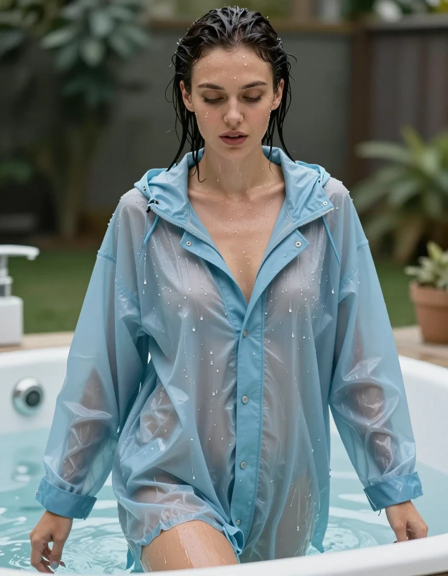 photo of young woman, in soaking wet, drenched clothes,
No shoes, , Pale blue light weight oversized windbreaker rainjacket soaking wet , In the bath she's  soaking wet . Her clothes cling to her soaking wet nude form under her clothes.  , 
enjoying, wet clothes stuck to body,
detailed textures of the wet clothes, wet face, wet plastered hair,
wet, drenched, professional, high-quality details, full body view.
sharp focus, ultra-high pixel detail, realistic, high-quality, full colors, incredibly detailed, 4k, 8k, 16k, hyper-realistic, RAW photo, masterpiece, ultra-detailed, professionally color graded, professional photograph, Her hair is soaking wet and slicked back. Her clothes are soaking wet and clings to her form  . She's love's it., wet skin, wet clothes, damp fabric