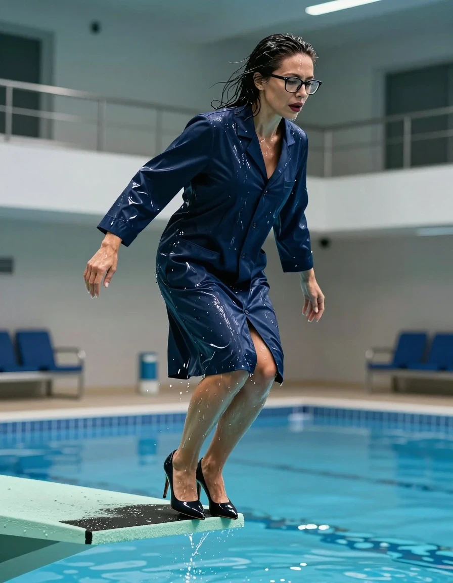 photo of young woman, in soaking wet, drenched clothes,
high-heeled shoes, maxi dark blue shiny labcoat, maxi dark blue shiny labcoat, jumping from the diving board into the water of the indoor pool, 
enjoying, wet clothes stuck to body,
detailed textures of the wet clothes, wet face, wet plastered hair,
wet, drenched, professional, high-quality details, full body view.
sharp focus, ultra-high pixel detail, realistic, high-quality, full colors, incredibly detailed, 4k, 8k, 16k, hyper-realistic, RAW photo, masterpiece, ultra-detailed, professionally color graded, professional photograph, europen brunette skinny woman 50 years old, long dark black hair, office glasses, very big and thick lips, complete body, wet skin, wet clothes, damp fabric, wet skin, wet clothes, damp fabric, wet skin, wet clothes, damp fabric, wet skin, wet clothes, damp fabric, wet skin, wet clothes, damp fabric, wet skin, wet clothes, damp fabric, wet skin, wet clothes, damp fabric