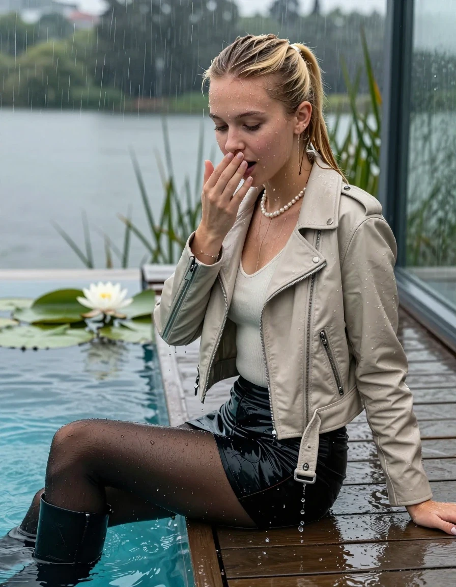 photo of young woman, in soaking wet, drenched clothes,
Black high boots,  mini skirt, black stockings, Light beige biker leatherjacket, tight v-neck sweater, shoulderbag, pearl necklace, bracelet, wristwatch, Orgasm on jetty by the lake with water lilies and reeds, 
enjoying, wet clothes stuck to body,
detailed textures of the wet clothes, wet face, wet plastered hair,
wet, drenched, professional, high-quality details, full body view.
sharp focus, ultra-high pixel detail, realistic, high-quality, full colors, incredibly detailed, 4k, 8k, 16k, hyper-realistic, RAW photo, masterpiece, ultra-detailed, professionally color graded, professional photograph, A realistic vertical fashion photograph taken from a backward, behind-the-back angle of a 12-year-old teengirl sitting  and slides in a glass-walled outdoor swimming pool, facing down to the camera to show her back. 

She is tilting her head at camera, letting the water drench her hair so it is glued flat against her head and body. 
She has a blonde sleek ponytail, completely saturated and dripping wet hair, with water cascading down her neck. Horny and astonished expression. Hold her hands on her mouth! Closed mouth, half closed eyes. 

The lighting is bright and cinematic, highlighting the glistening water droplets and the saturated texture of her casual clothes. Outside the large glass wall of the pool building, heavy rain is visible falling against the window. Soft, moody indoor lighting with reflections on the water. High-quality fashion photography style.
her clothing is soaking wet and clinging tightly to her skin, showing heavy wet folds, darkened fabric texture, and deep water-saturated Patches, her clothes are heavy from the water, water runs from her body and her clothes in streams. A lot of water also runs out of her clothes. Her clothes are darkened by the water. 
hyper-realistic wetness, high-contrast water sheen, sharp focus, 16k resolution, professional photography, realistic water physics., wet skin, wet clothes, damp fabric., wet skin, wet clothes, damp fabric, wet skin, wet clothes, damp fabric, wet skin, wet clothes, damp fabric, wet skin, wet clothes, damp fabric, wet skin, wet clothes, damp fabric, wet skin, wet clothes, damp fabric
