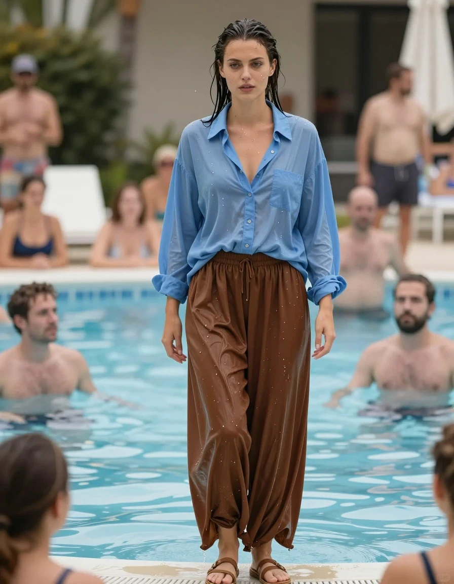 photo of young woman, in soaking wet, drenched clothes,
sandals, oversized brown maxi skirt, oversized light blue buttoned down long sleeved shirt, pool, 
enjoying, wet clothes stuck to body,
detailed textures of the wet clothes, wet face, wet plastered hair,
wet, drenched, professional, high-quality details, full body view.
sharp focus, ultra-high pixel detail, realistic, high-quality, full colors, incredibly detailed, 4k, 8k, 16k, hyper-realistic, RAW photo, masterpiece, ultra-detailed, professionally color graded, professional photograph, emerging from the pool, people are staring at her, wet skin, wet clothes, damp fabric