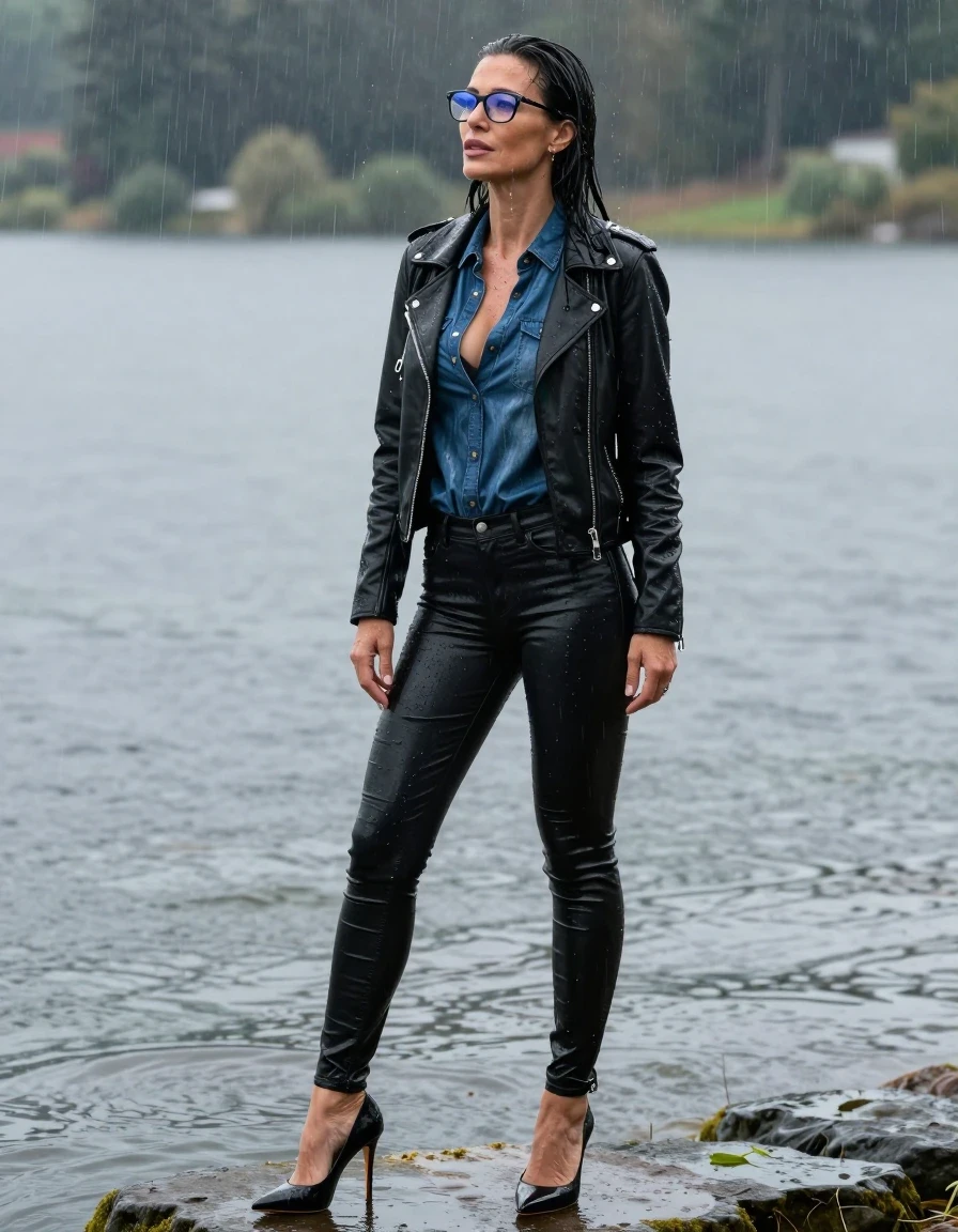 photo of young woman, in soaking wet, drenched clothes,
high-heeled shoes, long black shiny tight jeans, shiny dark blue denim shirt, black leathr byker jacket, in the sunny lake under hard rain, 
enjoying, wet clothes stuck to body,
detailed textures of the wet clothes, wet face, wet plastered hair,
wet, drenched, professional, high-quality details, full body view.
sharp focus, ultra-high pixel detail, realistic, high-quality, full colors, incredibly detailed, 4k, 8k, 16k, hyper-realistic, RAW photo, masterpiece, ultra-detailed, professionally color graded, professional photograph, europen brunette skinny woman 50 years old, long dark black hair, office glasses, very big and thick lips, complete body, wet skin, wet clothes, damp fabric, wet skin, wet clothes, damp fabric, wet skin, wet clothes, damp fabric, wet skin, wet clothes, damp fabric, wet skin, wet clothes, damp fabric, wet skin, wet clothes, damp fabric, wet skin, wet clothes, damp fabric