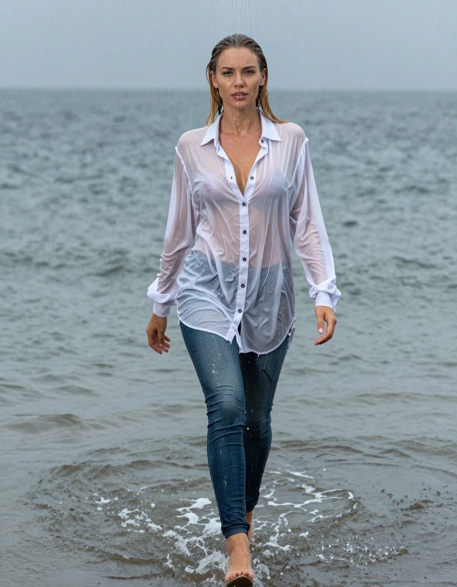 photo of young woman, in soaking wet, drenched clothes,
pumps, high-heels, transparent skinny blue jeans shiny floor-length full buttoned, no underwear, light white oversized gown, buttoned-up, transparent, see-through, kein BH, beach, deep water, 
enjoying, wet clothes stuck to body,
detailed textures of the wet clothes, wet face, wet plastered hair,
wet, drenched, professional, high-quality details, full body view.
sharp focus, ultra-high pixel detail, realistic, high-quality, full colors, incredibly detailed, 4k, 8k, 16k, hyper-realistic, RAW photo, masterpiece, ultra-detailed, professionally color graded, professional photograph, walking in heavy rain, blond hair, shower, collar, long sleeves, buttoned, wet hair, long hair, soaking wet blouse,  full body view,  view from above, drenched clothes, shower, wet skin, wet clothes, soaking wet fabric, pouring water on head,
kein BH, sichtbare Brüste, Blick zur Kamera, wet skin, wet clothes, damp fabric, wet skin, wet clothes, damp fabric