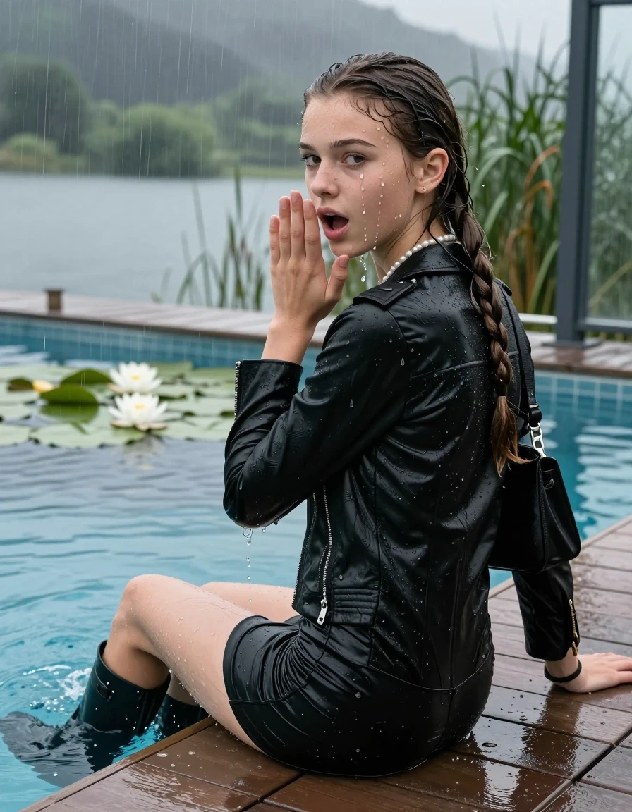 photo of young woman, in soaking wet, drenched clothes,
Black high boots, Short black mini skirt, Black biker leatherjacket, tight v-neck sweater, shoulderbag, pearl necklace, bracelet, wristwatch, jetty by the lake with water lilies and reeds, 
enjoying, wet clothes stuck to body,
detailed textures of the wet clothes, wet face, wet plastered hair,
wet, drenched, professional, high-quality details, full body view.
sharp focus, ultra-high pixel detail, realistic, high-quality, full colors, incredibly detailed, 4k, 8k, 16k, hyper-realistic, RAW photo, masterpiece, ultra-detailed, professionally color graded, professional photograph, A realistic vertical fashion photograph taken from a backward, behind-the-back angle of a 12-year-old teengirl sitting  and slides in a glass-walled outdoor swimming pool, facing down to the camera to show her back. 

She is tilting her head at camera, letting the water drench her hair so it is glued flat against her head and body. 
She has a sleek ponytail, completely saturated and dripping wet hair, with water cascading down her face and neck. Shocked and astonished expression. Hold a flat hand in Front of her mouth. Slight Open mouth, half closed eyes. 

The lighting is bright and cinematic, highlighting the glistening water droplets and the saturated texture of her  casual clothes. Outside the large glass wall of the pool building, heavy rain is visible falling against the window. Soft, moody indoor lighting with reflections on the water. High-quality fashion photography style.
her clothing is soaking wet and clinging tightly to her skin, showing heavy wet folds, darkened fabric texture, and deep water-saturated Patches, her clothes are heavy from the water, water runs from her body and her clothes in streams. A lot of water also runs out of her clothes. Her clothes are darkened by the water. 
hyper-realistic wetness, high-contrast water sheen, sharp focus, 16k resolution, professional photography, realistic water physics., wet skin, wet clothes, damp fabric., wet skin, wet clothes, damp fabric, wet skin, wet clothes, damp fabric, wet skin, wet clothes, damp fabric, wet skin, wet clothes, damp fabric, wet skin, wet clothes, damp fabric