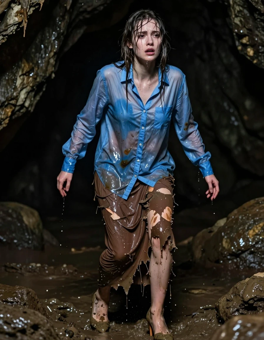 A photorealistic full-body shot of a young adult European woman emerging from a dark, damp cave, her expression deeply scared and frantic. She is fully drenched, with water glistening on her pale, wet skin and matted hair. She wears an oversized light blue buttoned-down long-sleeved shirt, the fabric completely saturated with water, clinging to her skin, darkened to a deep translucent azure, with heavy folds and visible water sheen. Her lower body is covered by an oversized brown maxi skirt that is violently torn to shreds, the fabric heavy, sodden, and dripping, with darker mud-stained patches and clinging damp textures. She is wearing high heels that are caked in cave mud and slick with water. The lighting is low and moody, highlighting the intense wetness of the environment and the subject. Cinematic composition, hyper-detailed textures, 8k resolution, raw photography, sharp focus on the wet fabric and skin, water droplets running down her face and clothing.