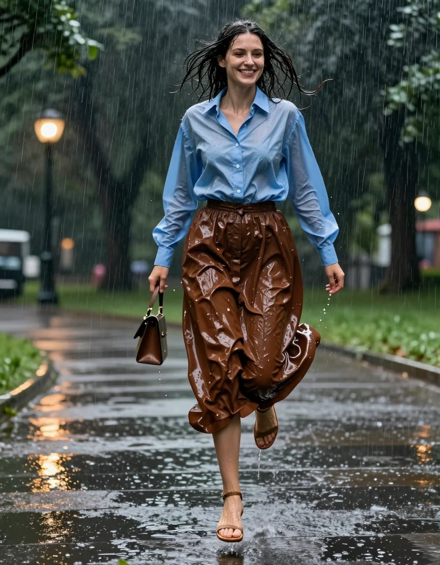 A photorealistic full-body shot of a young adult European woman happily hopping around in a park at night during a heavy rainstorm. She is wearing an oversized light blue buttoned-down long-sleeved shirt and an oversized brown maxi skirt, both heavily soaked by the rain, with the fabric clinging to her frame, showing deep color saturation, heavy wet folds, and a dark, translucent sheen. She wears open-toed sandals on her feet, with her skin glistening from water droplets. She carries a small handbag clutched in her hand. The rain is torrential, creating a glossy, reflective surface on the park pavement and soaking her hair and clothes completely. The lighting is cinematic, provided by distant, blurred park lamps reflecting off the wet surfaces and the falling rain. High-speed shutter capture to freeze the motion of her hopping, sharp focus on the textures of the water-saturated fabric, professional photography, 8k, highly detailed skin and wet clothing textures.