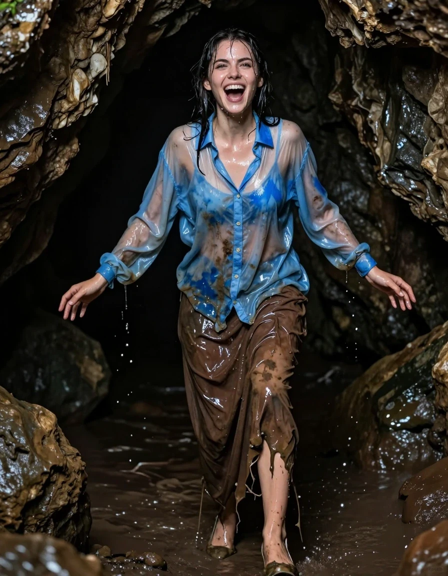 A stunning young adult European woman emerging from the mouth of a dark, rugged cave, capturing the raw intensity of the moment with a look of pure exhilaration and joy on her face. Her skin is glistening with a heavy water sheen, droplets clinging to her features and hair, which is plastered to her head and shoulders. She is wearing a mucky, oversized light blue buttoned-down long-sleeved shirt that is completely saturated and heavy with water, the fabric clinging to her frame in dark, translucent folds and deep blue patches. Paired with this is a mucky, oversized brown maxi skirt, heavily soaked and weighed down by water, with dark, muddied fabric clinging to her legs and dragging slightly in the wet cave entrance. She is wearing high-heeled shoes that are caked in cave grit and moisture. The scene is hyper-realistic, emphasizing the tactile reality of damp, heavy fabric, the translucency of the wet shirt against her skin, and the rich, dark textures of the cave environment. Cinematic lighting highlights the glistening wet skin and the deep, varied saturation of the water-logged clothing. 8k resolution, photorealistic, high contrast, sharp details, wet-look photography.