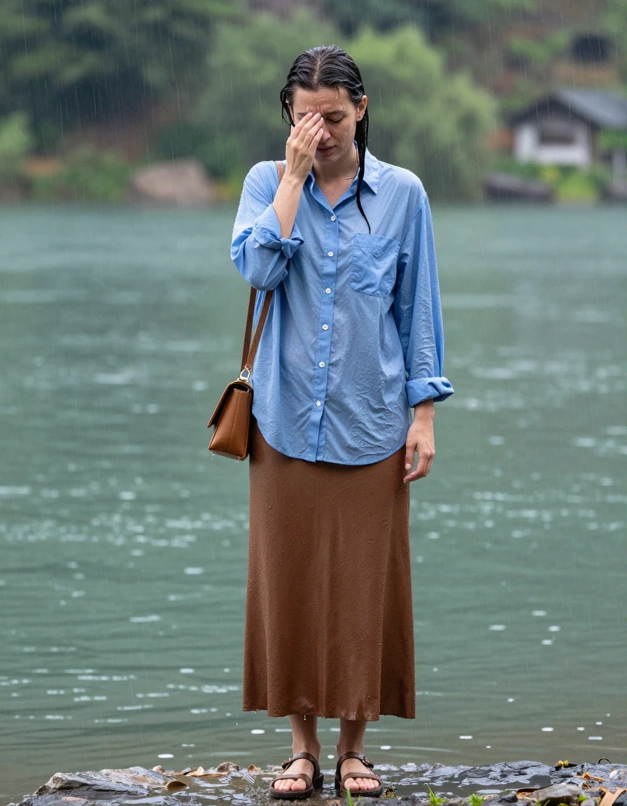 photo of young woman, in soaking wet, drenched clothes,
sandals, oversized brown maxi skirt, small handbag, oversized light blue buttoned down long sleeved shirt, lake during rain, 
enjoying, wet clothes stuck to body,
detailed textures of the wet clothes, wet face, wet plastered hair,
wet, drenched, professional, high-quality details, full body view.
sharp focus, ultra-high pixel detail, realistic, high-quality, full colors, incredibly detailed, 4k, 8k, 16k, hyper-realistic, RAW photo, masterpiece, ultra-detailed, professionally color graded, professional photograph, brunette teacher, swims in the lake to calm her nerves, wet skin, wet clothes, damp fabric