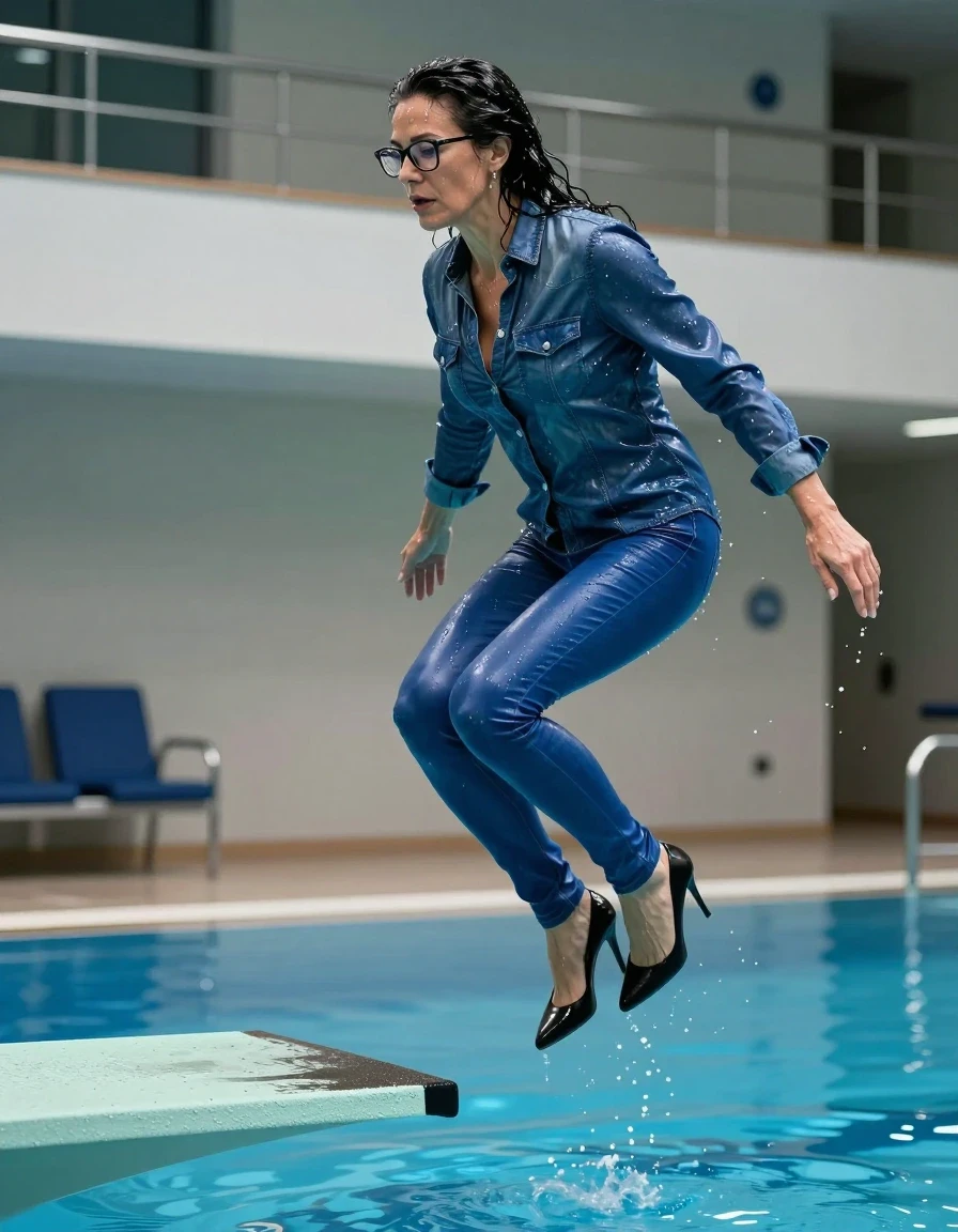 photo of young woman, in soaking wet, drenched clothes,
high-heeled shoes, long blue shiny jeans, shiny blue denim shirt, jumping from the diving board into the water of the indoor pool, 
enjoying, wet clothes stuck to body,
detailed textures of the wet clothes, wet face, wet plastered hair,
wet, drenched, professional, high-quality details, full body view.
sharp focus, ultra-high pixel detail, realistic, high-quality, full colors, incredibly detailed, 4k, 8k, 16k, hyper-realistic, RAW photo, masterpiece, ultra-detailed, professionally color graded, professional photograph, europen brunette skinny woman 50 years old, long dark black hair, office glasses, very big and thick lips, complete body, wet skin, wet clothes, damp fabric, wet skin, wet clothes, damp fabric, wet skin, wet clothes, damp fabric, wet skin, wet clothes, damp fabric, wet skin, wet clothes, damp fabric, wet skin, wet clothes, damp fabric, wet skin, wet clothes, damp fabric