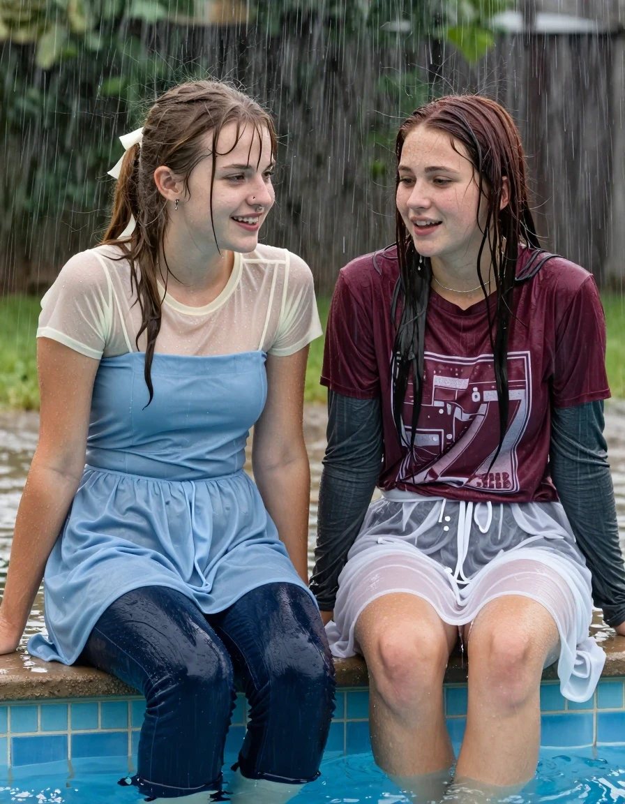 photo of young woman, in soaking wet, drenched clothes,
, , casual wear, 2 girls sitting on the edge of the pool while it pours water on them during a heavy storm, 
enjoying, wet clothes stuck to body,
detailed textures of the wet clothes, wet face, wet plastered hair,
wet, drenched, professional, high-quality details, full body view.
sharp focus, ultra-high pixel detail, realistic, high-quality, full colors, incredibly detailed, 4k, 8k, 16k, hyper-realistic, RAW photo, masterpiece, ultra-detailed, professionally color graded, professional photograph, 2 small college girls both having fun together. both similar age, a nineteen year old girl, a She has a wide square young face a very small chest, she is a pale brunette with a ponytail and bangs and a septum piercing, She is full of youthful energy, she is wearing a cream short sleeve see through sparkly undershirt underneath her formal thick pale blue strapless dress
 her dress has a flat front with a wider base.  Her friend has dark auburn hair, she is wearing dark blue colored soaked loose jeans and a small maroon short sleeve graphic fiited t-shirt over a long sleeve dark grey undershirt. her clothes darken from the water. She has a wide square face,, wet skin, wet clothes, damp fabric, wet skin, wet clothes, damp fabric, wet skin, wet clothes, damp fabric, wet skin, wet clothes, damp fabric, wet skin, wet clothes, damp fabric, wet skin, wet clothes, damp fabric