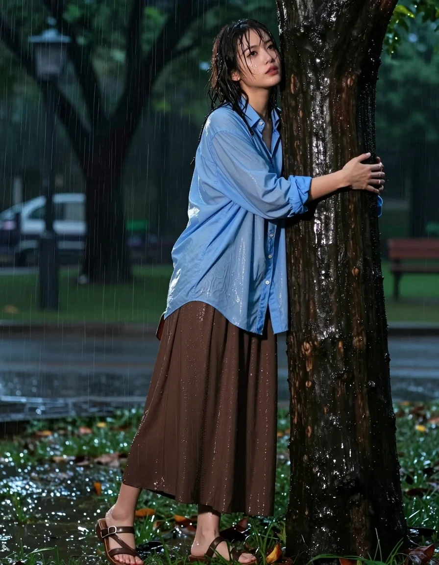photo of young woman, in soaking wet, drenched clothes,
sandals, oversized brown maxi skirt, small handbag, oversized light blue buttoned down long sleeved shirt, park at night during rainstorm, 
enjoying, wet clothes stuck to body,
detailed textures of the wet clothes, wet face, wet plastered hair,
wet, drenched, professional, high-quality details, full body view.
sharp focus, ultra-high pixel detail, realistic, high-quality, full colors, incredibly detailed, 4k, 8k, 16k, hyper-realistic, RAW photo, masterpiece, ultra-detailed, professionally color graded, professional photograph, passionately hugging a tree, wet skin, wet clothes, damp fabric, wet skin, wet clothes, damp fabric