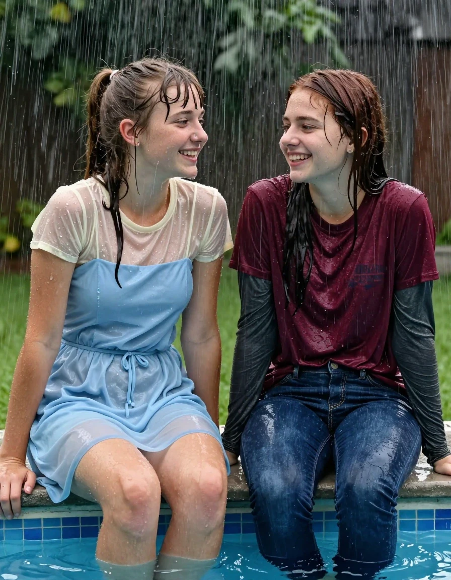 photo of young woman, in soaking wet, drenched clothes,
, , casual wear, 2 girls sitting on the edge of the pool while it pours water on them during a heavy storm, 
enjoying, wet clothes stuck to body,
detailed textures of the wet clothes, wet face, wet plastered hair,
wet, drenched, professional, high-quality details, full body view.
sharp focus, ultra-high pixel detail, realistic, high-quality, full colors, incredibly detailed, 4k, 8k, 16k, hyper-realistic, RAW photo, masterpiece, ultra-detailed, professionally color graded, professional photograph, 2 small college girls both having fun together. both similar age, a nineteen year old girl, a She has a wide square young face a very small chest, she is a pale brunette with a ponytail and bangs and a septum piercing, She is full of youthful energy, she is wearing a cream short sleeve see through sparkly undershirt underneath her formal thick pale blue strapless dress
 her dress has a flat front with a wider base.  Her friend has dark auburn hair, she is wearing dark blue colored soaked loose jeans and a small maroon short sleeve graphic fiited t-shirt over a long sleeve dark grey undershirt. her clothes darken from the water. She has a wide square face,, wet skin, wet clothes, damp fabric, wet skin, wet clothes, damp fabric, wet skin, wet clothes, damp fabric, wet skin, wet clothes, damp fabric, wet skin, wet clothes, damp fabric, wet skin, wet clothes, damp fabric