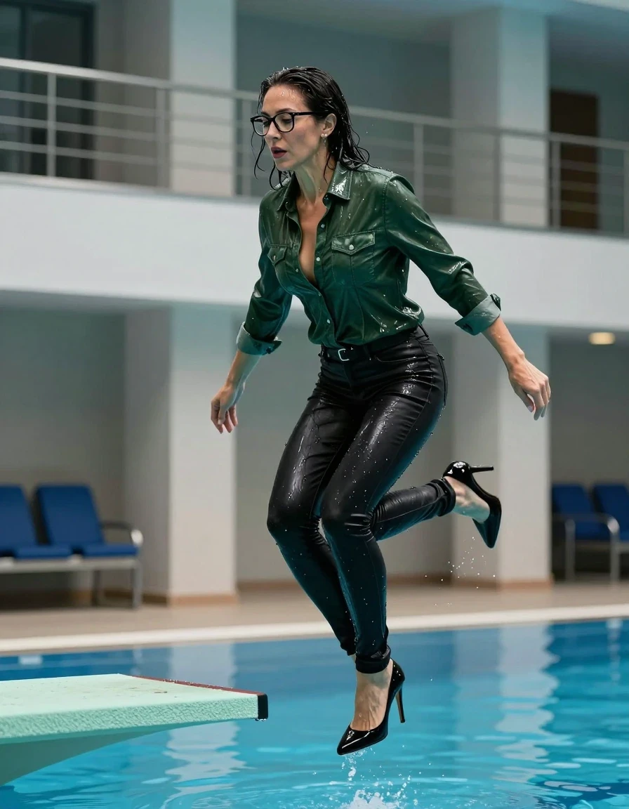 photo of young woman, in soaking wet, drenched clothes,
high-heeled shoes, long black shiny jeans, shiny dark green denim shirt, jumping from the diving board into the water of the indoor pool, 
enjoying, wet clothes stuck to body,
detailed textures of the wet clothes, wet face, wet plastered hair,
wet, drenched, professional, high-quality details, full body view.
sharp focus, ultra-high pixel detail, realistic, high-quality, full colors, incredibly detailed, 4k, 8k, 16k, hyper-realistic, RAW photo, masterpiece, ultra-detailed, professionally color graded, professional photograph, europen brunette skinny woman 50 years old, long dark black hair, office glasses, very big and thick lips, complete body, wet skin, wet clothes, damp fabric, wet skin, wet clothes, damp fabric, wet skin, wet clothes, damp fabric, wet skin, wet clothes, damp fabric, wet skin, wet clothes, damp fabric, wet skin, wet clothes, damp fabric, wet skin, wet clothes, damp fabric