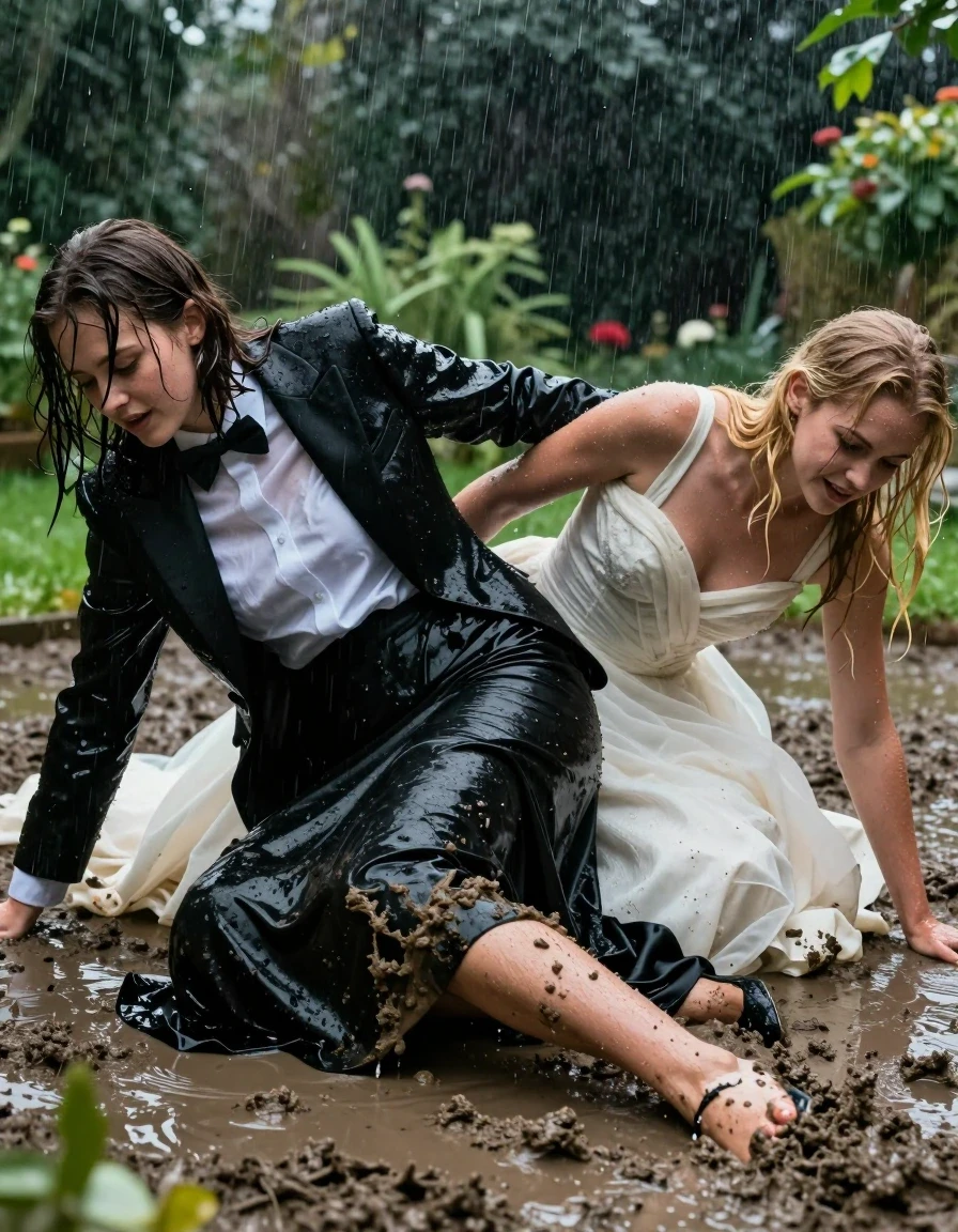 A photorealistic, high-detail scene in a lush garden during a heavy rainstorm. Two young adult European women are caught in a clumsy, messy fall on the muddy ground, positioned on their knees and bellies. The first woman, a brunette, wears a sharp black tuxedo jacket, white dress shirt, and black bowtie paired with a floor-length black silk skirt; the second woman, a blonde, wears a conservative white wedding dress. Their clothing is heavily soaked, with the white fabric becoming translucent and clinging to their skin, while the black silk skirt is darkened, heavy, and slick with mud and water. Both women have wet hair plastered to their faces and shoulders, and their skin exhibits a realistic, glistening water sheen. The mud is thick and churned, coating their heels and the hems of their garments. The atmosphere is gloomy and overcast, with visible raindrops falling and creating ripples in puddles. Cinematic lighting highlights the glistening wet textures, deep saturated colors of the soaked fabrics, and the chaotic, expressive motion of their stumble. Shot with a 35mm lens, sharp focus on the textures of the mud, wet fabric, and skin, capturing the raw, candid moment.