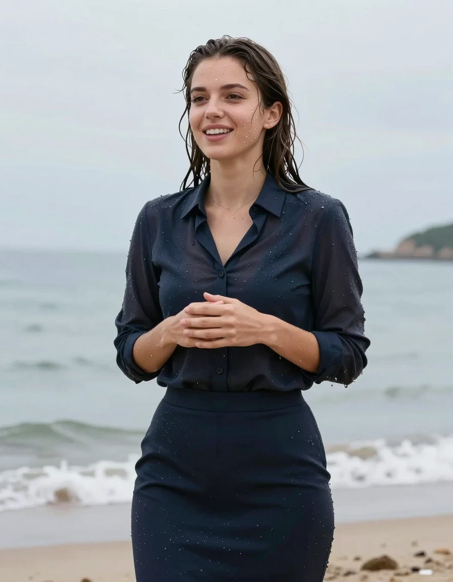 photo of young woman, in soaking wet, drenched clothes,
Shore, Office skirt, Blouse, Speech in conference, 
enjoying, wet clothes stuck to body,
detailed textures of the wet clothes, wet face, wet plastered hair,
wet, drenched, professional, high-quality details, full body view.
sharp focus, ultra-high pixel detail, realistic, high-quality, full colors, incredibly detailed, 4k, 8k, 16k, hyper-realistic, RAW photo, masterpiece, ultra-detailed, professionally color graded, professional photograph, Smiling, wet skin, wet clothes, damp fabric